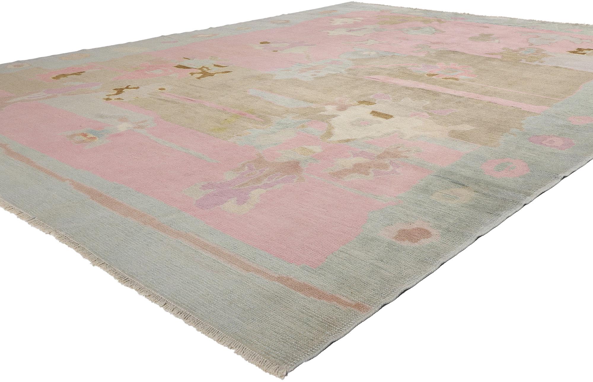 53980 New Modern Pink Turkish Oushak Rug, 10'00 x 12'07. Questo tappeto moderno turco Oushak, annodato a mano in lana, è un'accattivante fusione di eleganza contemporanea e ispirazione biofilica, che unisce morbide tonalità pastello a un'etica del