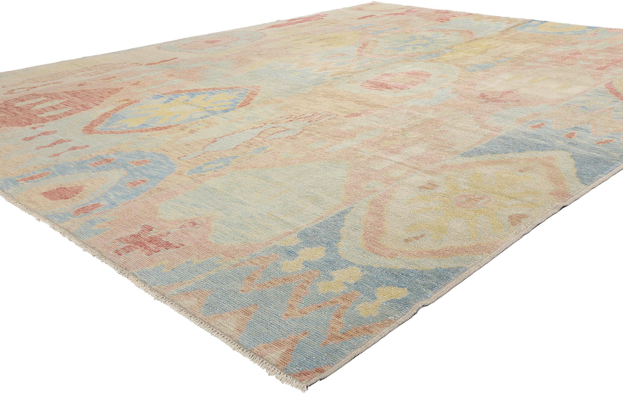 53967 New Modern Turkish Oushak Rug, 09'03 x 11'09. This hand-knotted wool modern Turkish Oushak rug is a vibrant and whimsical masterpiece, reinterpreting traditional Anatolian artistry with a contemporary sensibility. The Oushak rug’s eclectic