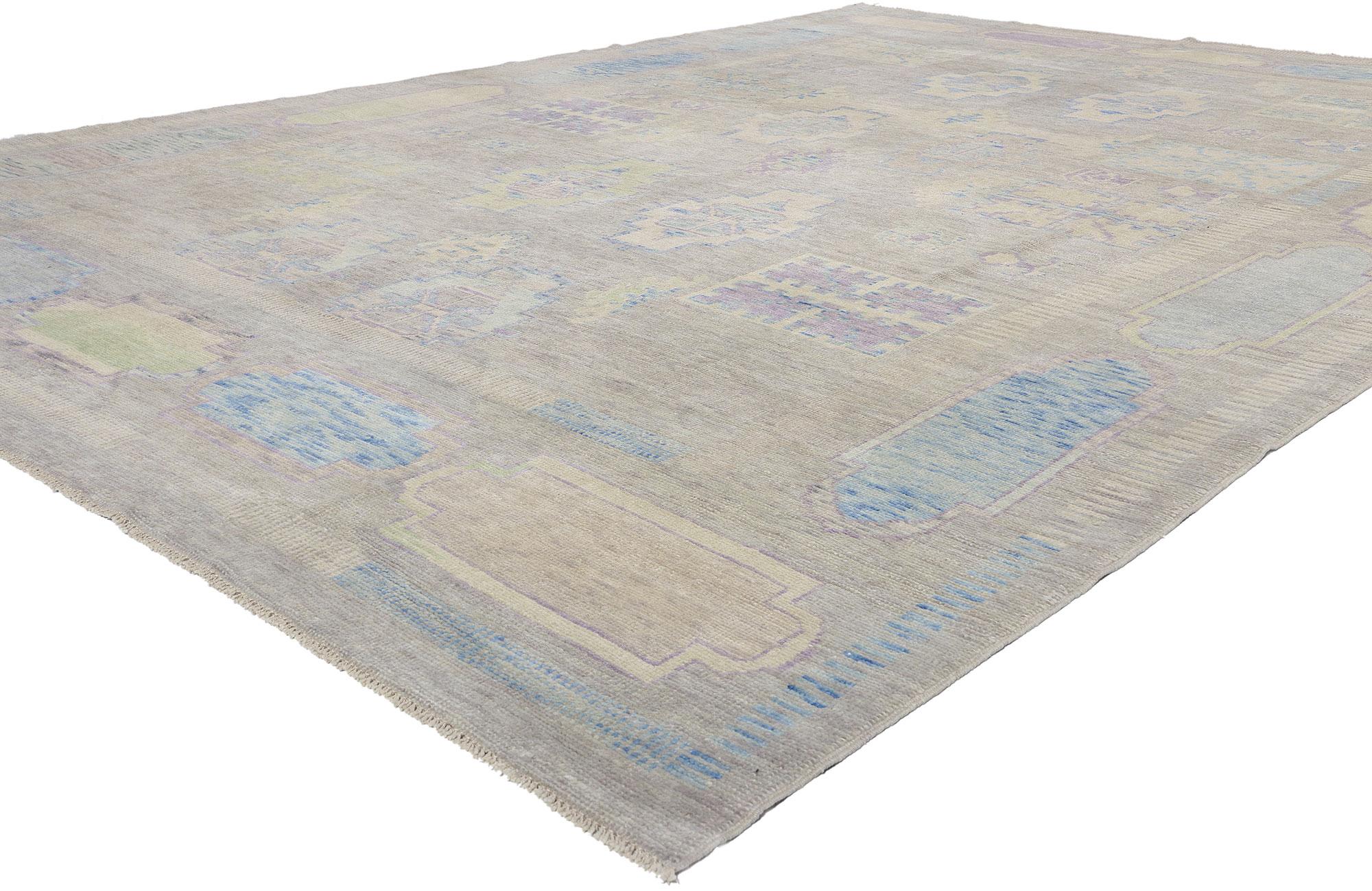 53977 Neuer moderner türkischer Oushak-Teppich, 10'01 x 14'01. Dieser moderne türkische Oushak-Teppich aus handgeknüpfter Wolle fängt die Essenz zeitgenössischer Eleganz ein und lässt sich von der Ästhetik des Tribal- und Boho-Chic inspirieren. Das