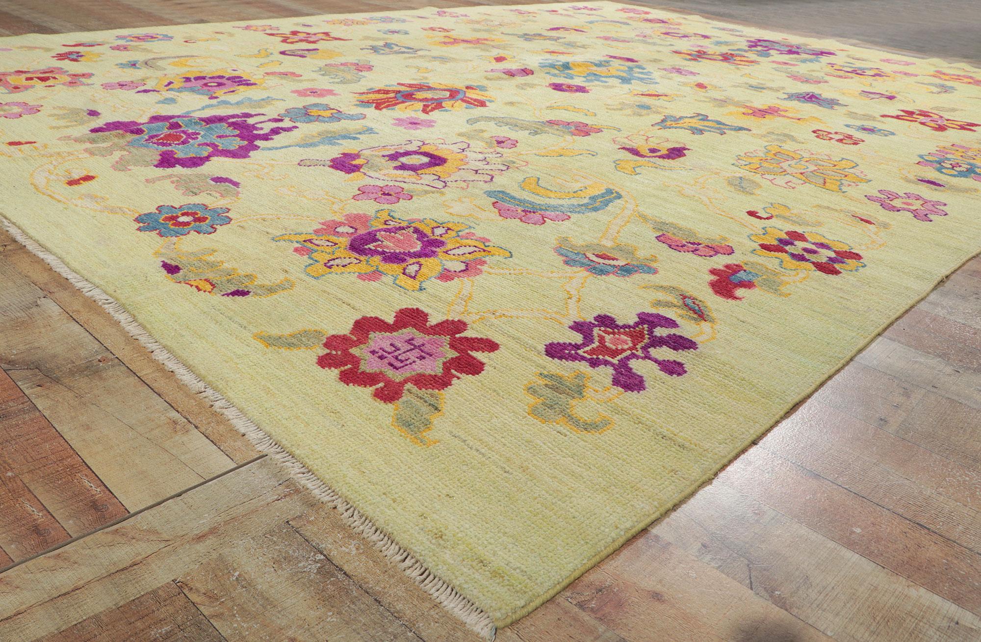 60658 New Colorful Turkish Oushak Rug, 10.06 x 14.02. Polished and playful with incredible detail and texture, this hand knotted wool colorful Turkish Oushak rug is a captivating vision of woven beauty. The bold design and vibrant colorway woven