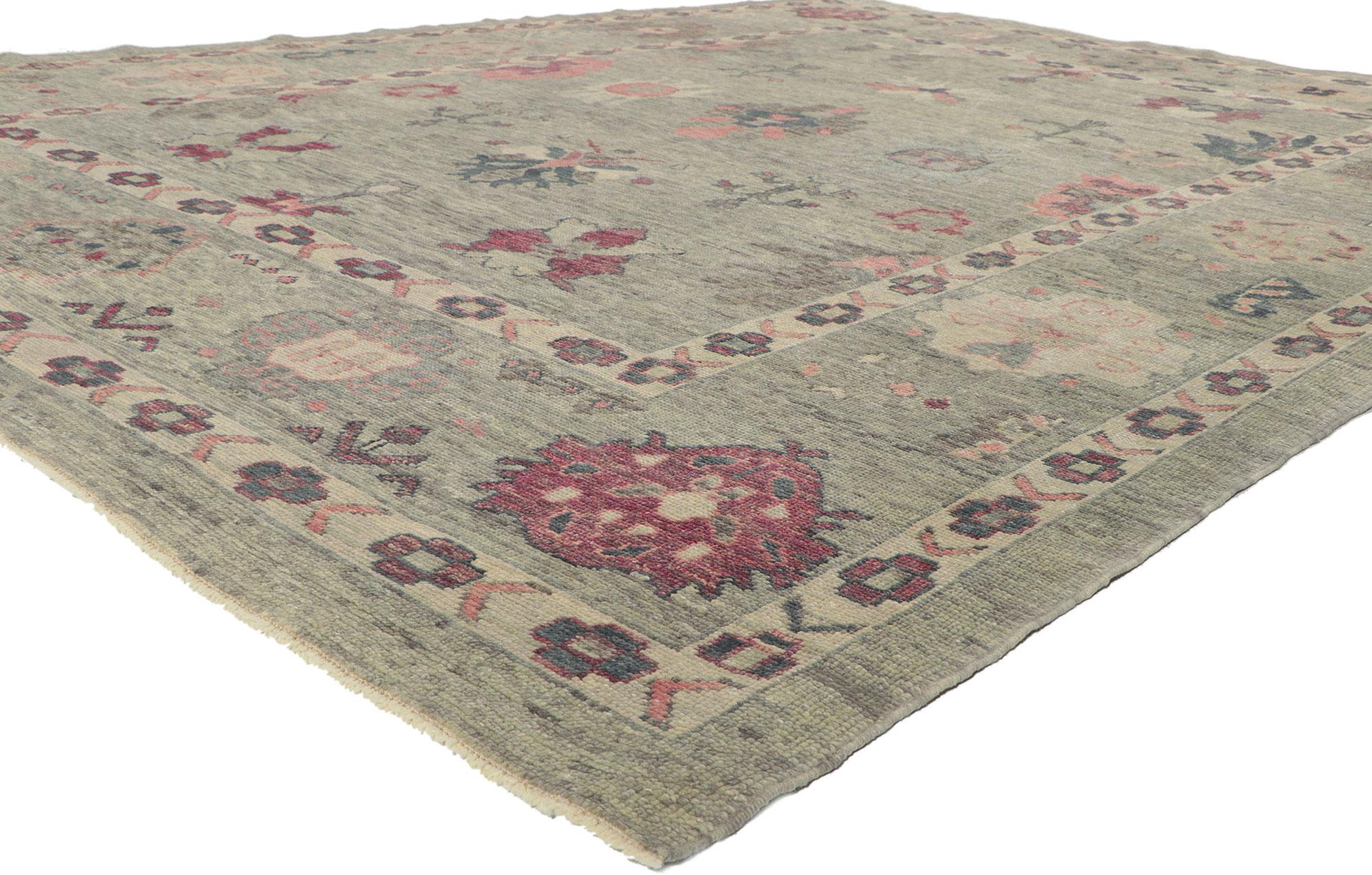 ?53863 new colorful Turkish oushak rug, 09'02 x 12'03.
With its modern style, incredible detail and texture, this hand knotted wool Turkish Oushak rug is a captivating vision of woven beauty. The eye-catching botanical design and luxurious color