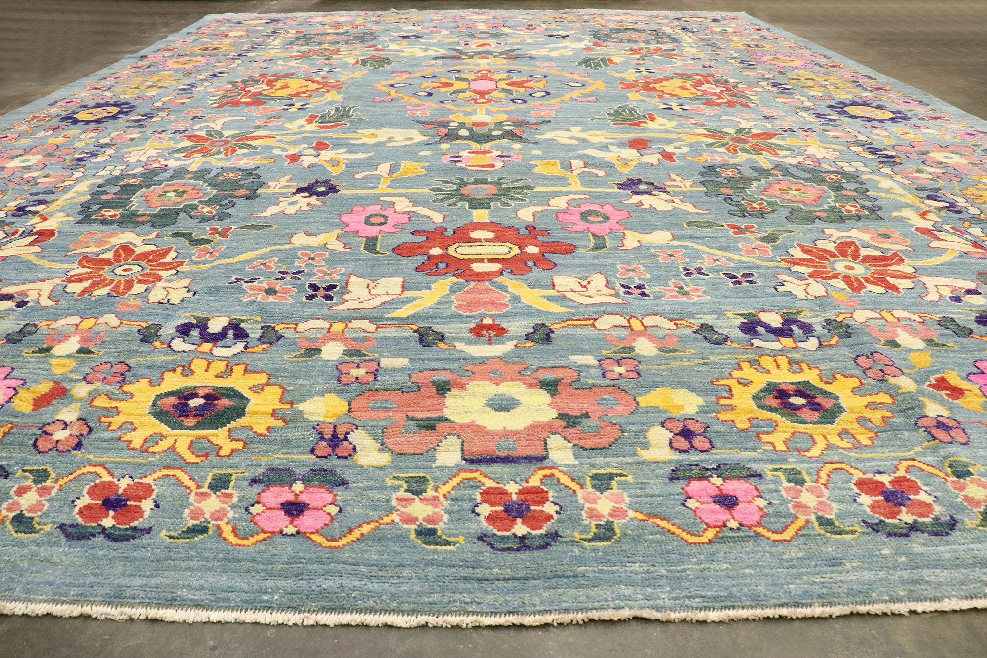 Laine Nouveau tapis turc coloré d'Oushak avec un style côtier contemporain moderne en vente