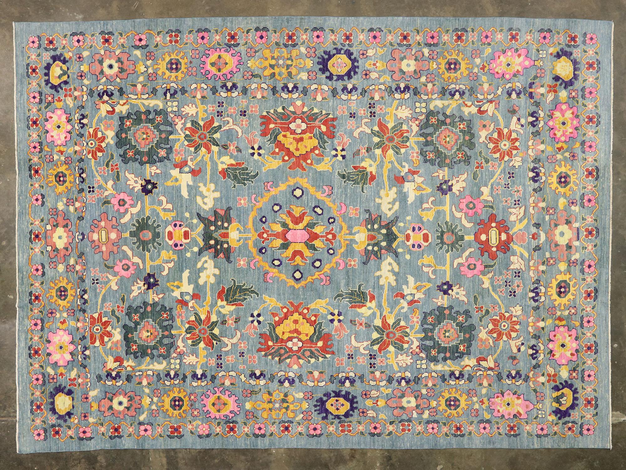 Nouveau tapis turc coloré d'Oushak avec un style côtier contemporain moderne en vente 1