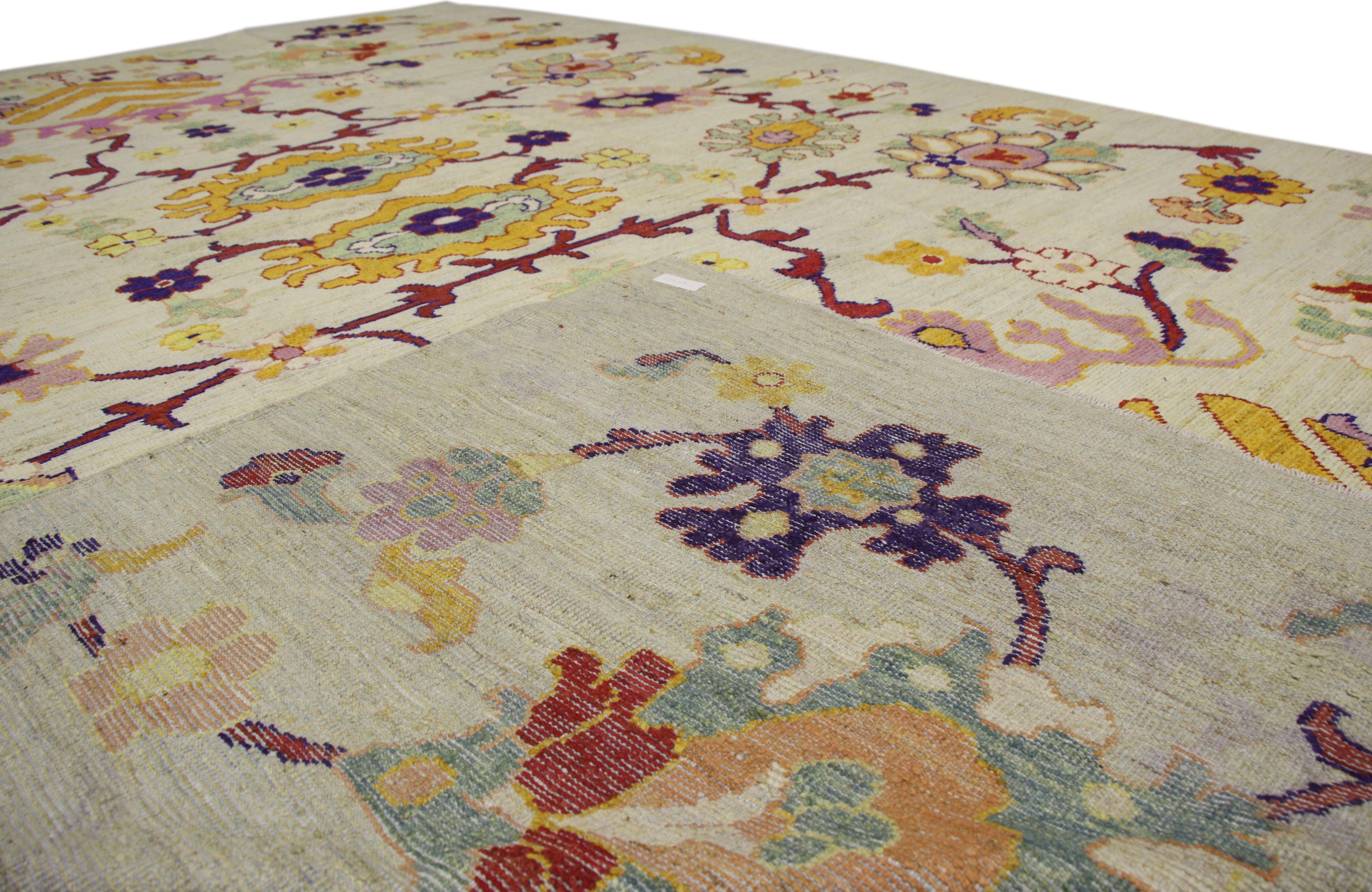 60755, new colorful Turkish Oushak rug with modern contemporary style. Highly stylish yet tastefully casual, this new colorful Turkish Oushak rug with modern contemporary style is ideal for nearly any fashion-forward home. This timeless Oushak