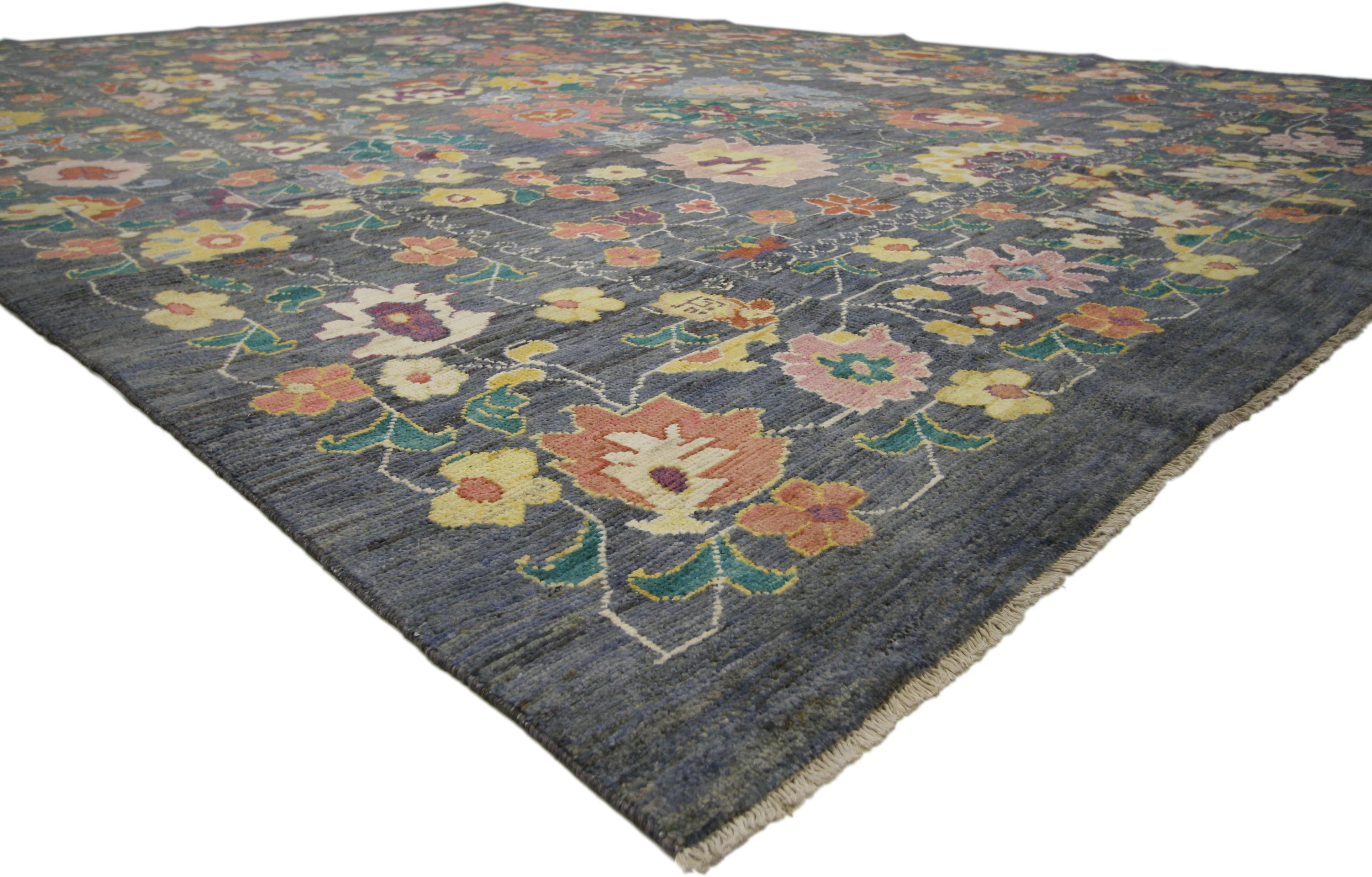 60656 New Colorful Turkish Oushak Rug with Modern Contemporary Style 11'10 x 17'00. Highly stylish yet tastefully casual, this is ideal for nearly any fashion-forward home. ​It features an all-over botanical trellis pattern composed of