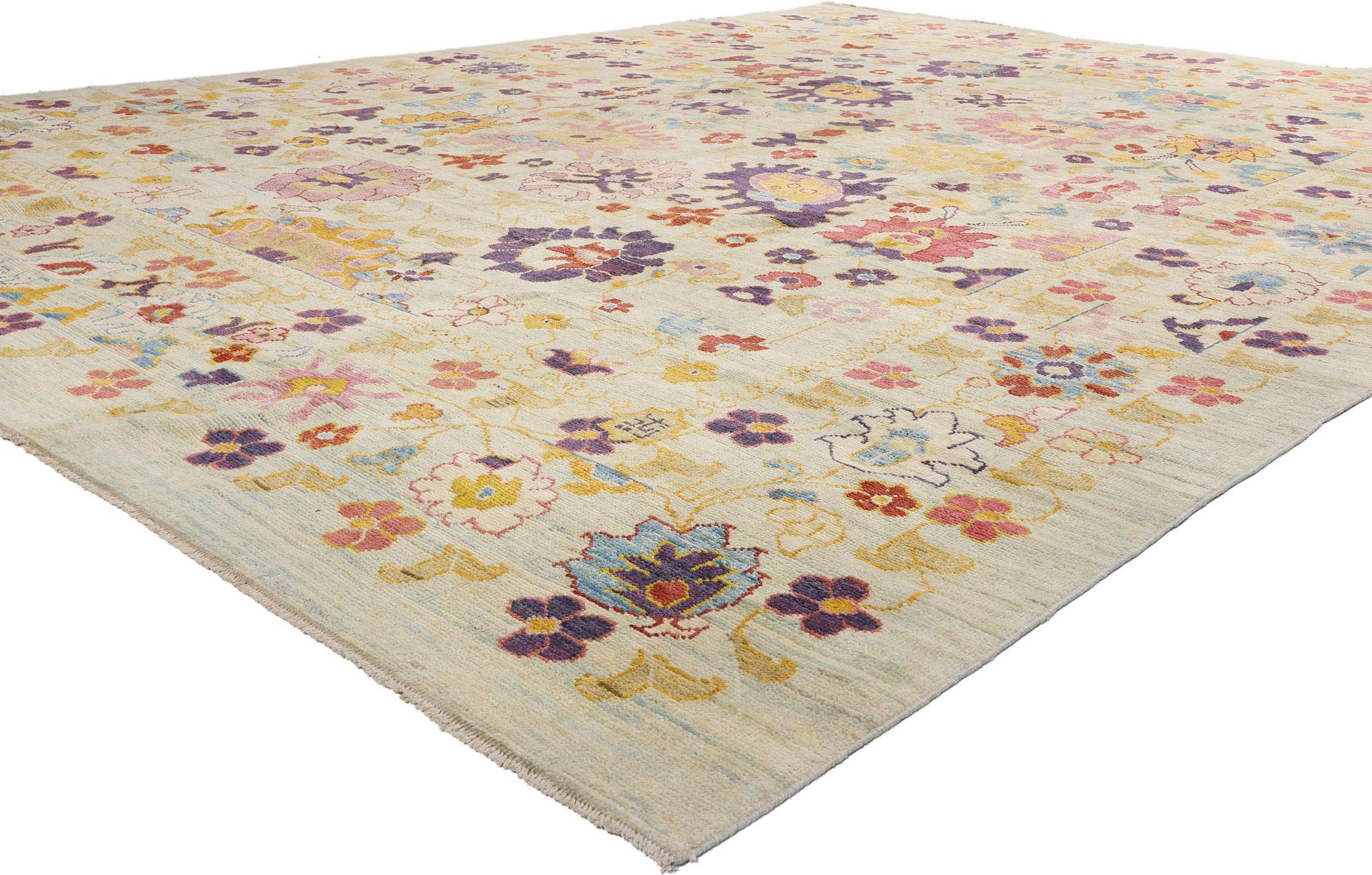 60659 New Colorful Turkish Oushak Rug, 12’01 x 16’01. A vibrant garden blooms beneath your feet in this hand-knotted wool modern Turkish Oushak rug, where color dances with joyful abandon and tradition is reimagined in a playful, contemporary light.