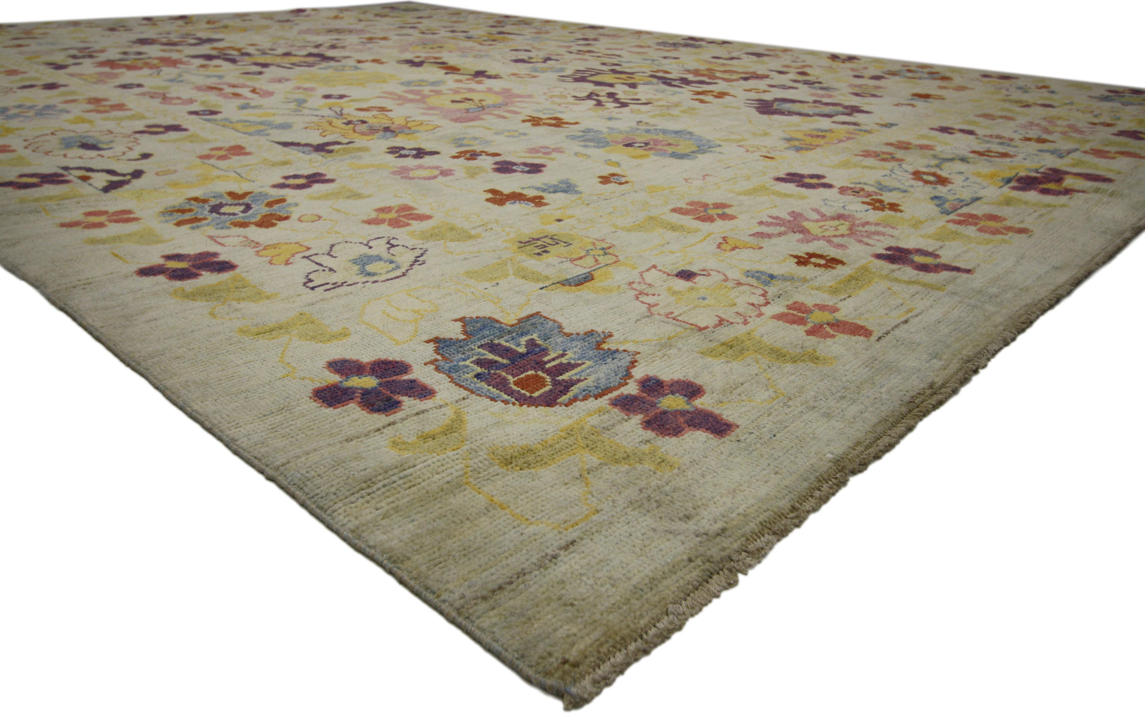 60659 New Colorful Turkish Oushak Rug with Modern Contemporary Style 12’01 x 16’01. Highly stylish yet tastefully casual, this is ideal for nearly any fashion-forward home. This timeless Oushak design has been given a twist to effortlessly accompany