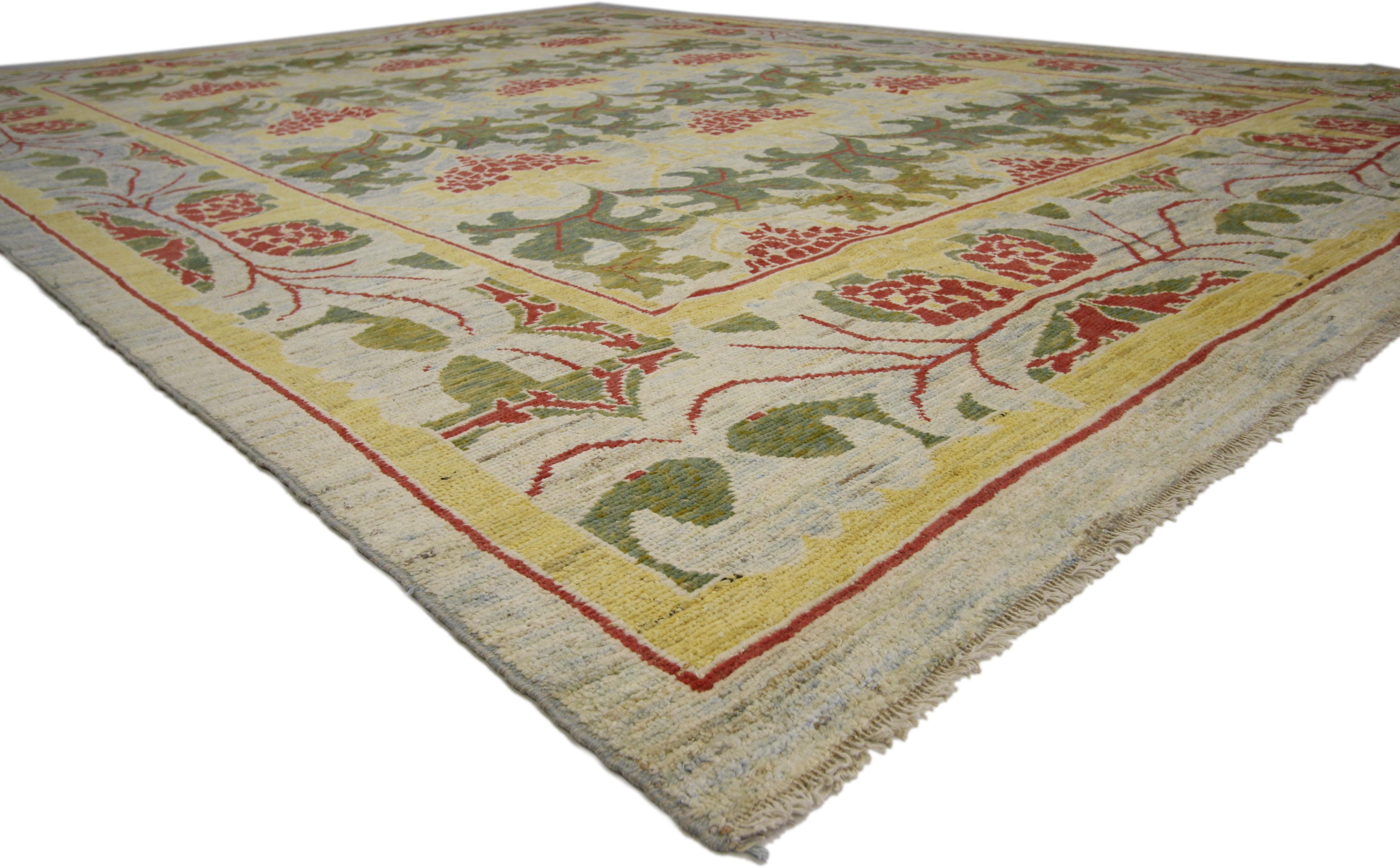 60748 New Contemporary Turkish Oushak Rug with Arts & Crafts Style Inspired by William Morris 10'10 x 15'02. The architectural elements of naturalistic forms combined with Arts and Crafts style, this new Turkish Oushak rug draws inspiration from