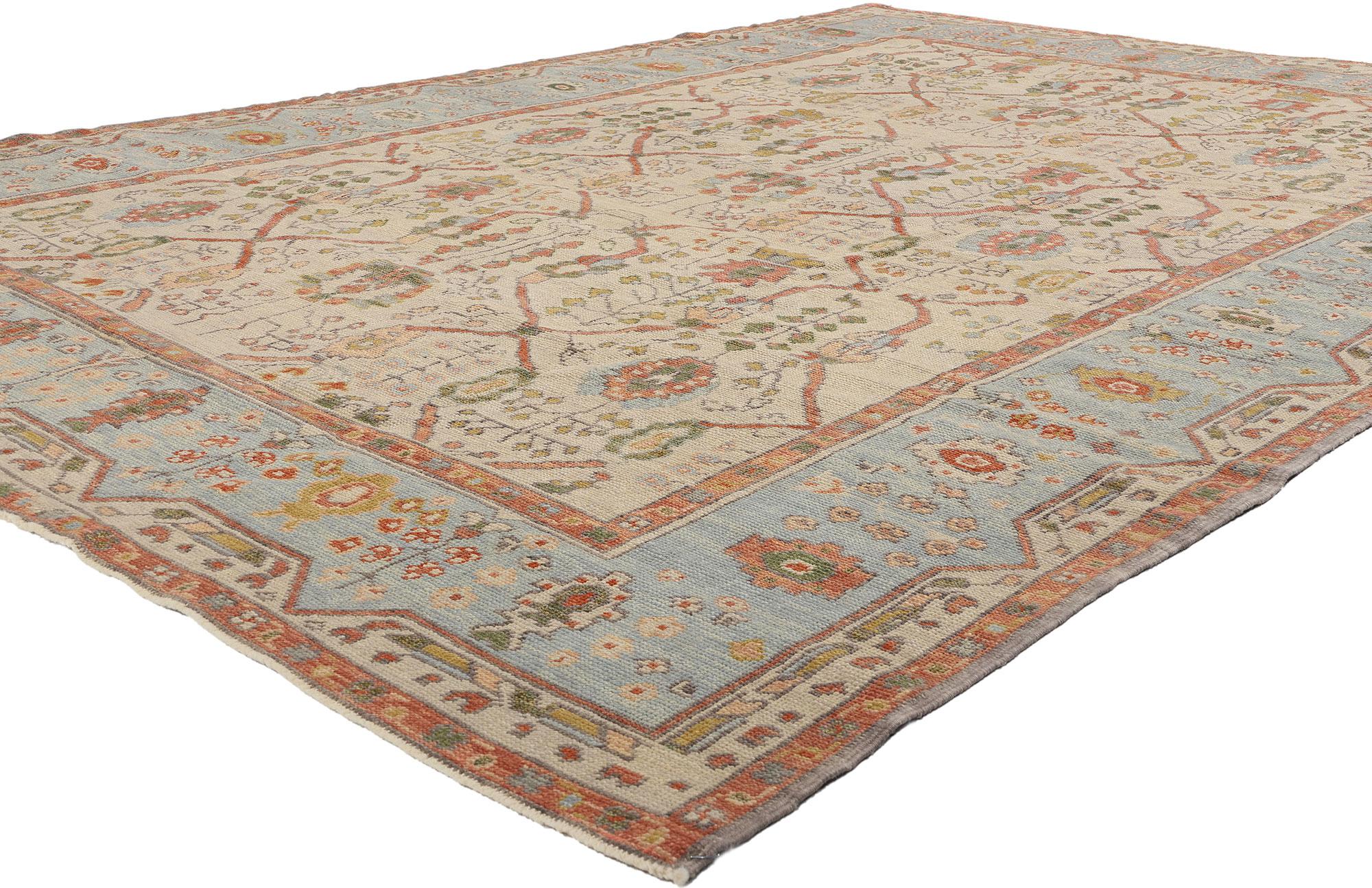 53862 New Modern Colorful Turkish Oushak Rug, 09'00 x 12'09. Bathed in the golden light of Anatolian memory, this hand-knotted wool modern Turkish Oushak rug is a lyrical homage to the enduring elegance of classical design. Its latticework of