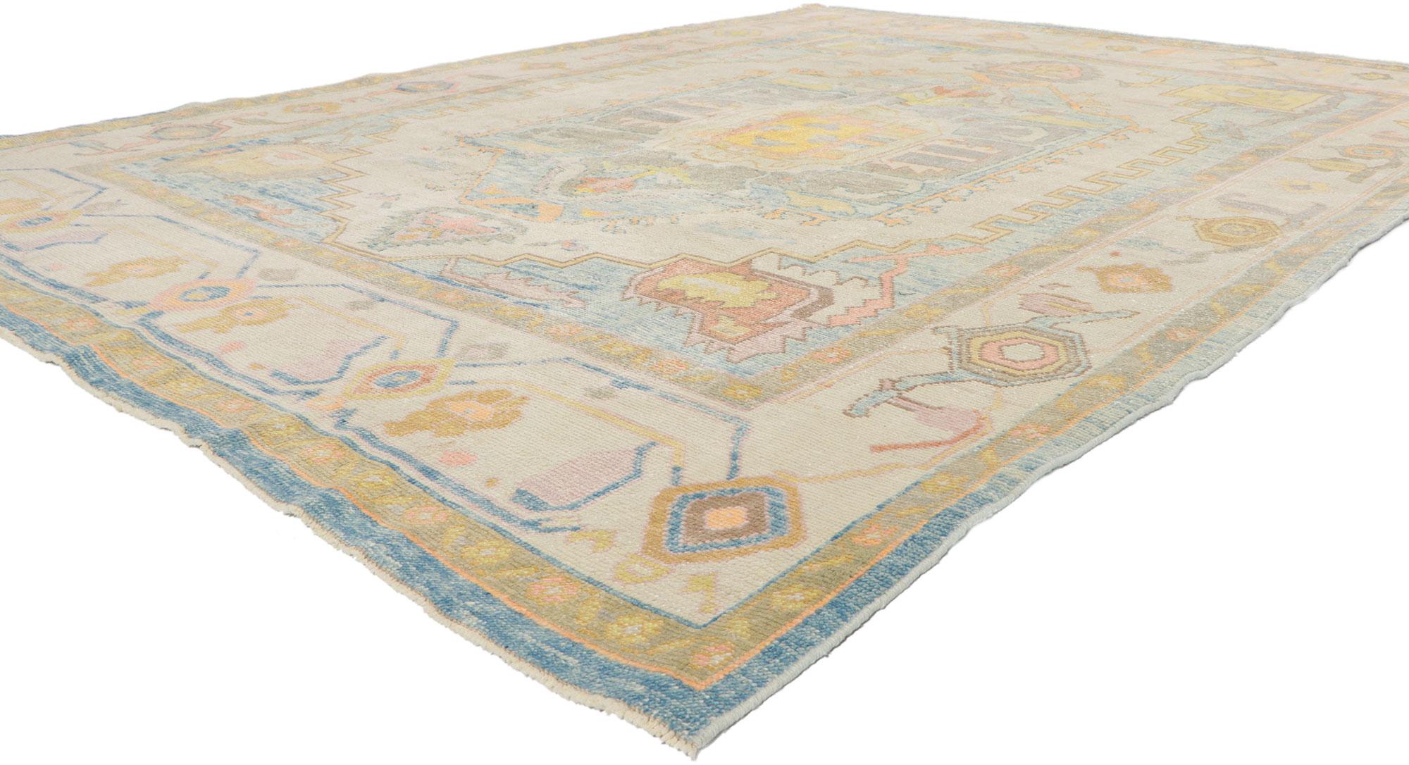53798 New Colorful Turkish Oushak rug with Modern Style 07'09 x 10'05. Polished and playful, this hand-knotted wool contemporary Turkish Oushak rug beautifully embodies a modern style. With elements of comfort, modern style and functional