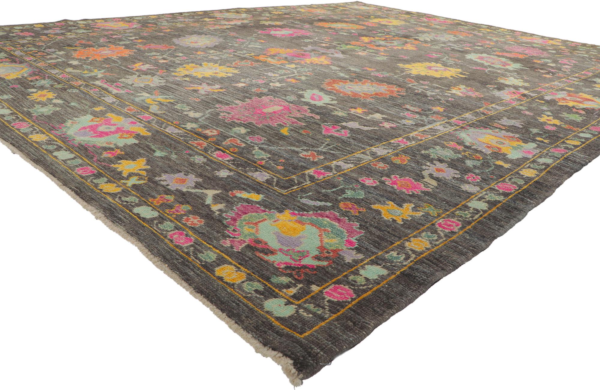 52218 New colorful Turkish Oushak Rug, 10.02 x 13.00.
Emanating modern style with incredible detail and texture, this hand knotted wool Turkish Oushak rug is a captivating vision of woven beauty. The eye-catching botanical design and lively colors