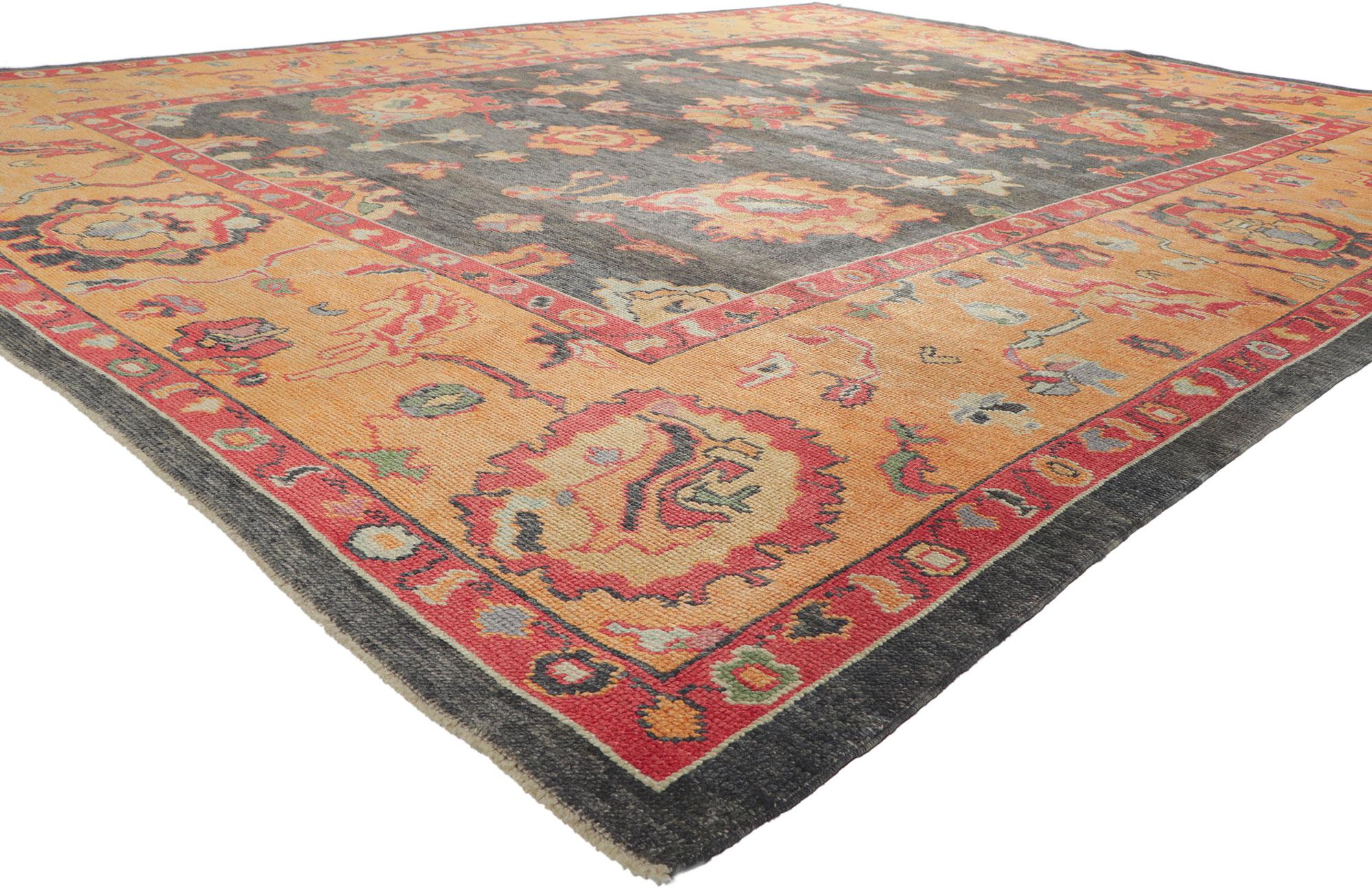 52430 New Colorful Turkish Oushak Rug, 10'03 x 13'00. Showcasing a bold expressive design with incredible detail and texture, this hand knotted wool Turkish Oushak rug is a captivating vision of woven beauty. The allover pattern and lively colorway