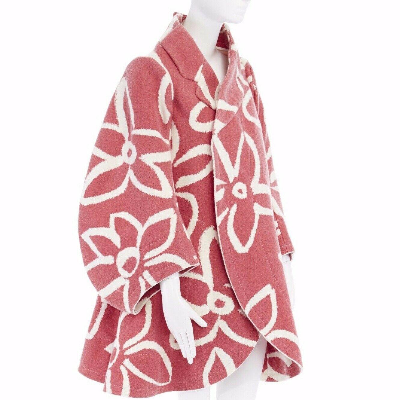 Pink new COMME DES GARCONS AD2012 flatpacked 2D red white floral wool felt coat XS