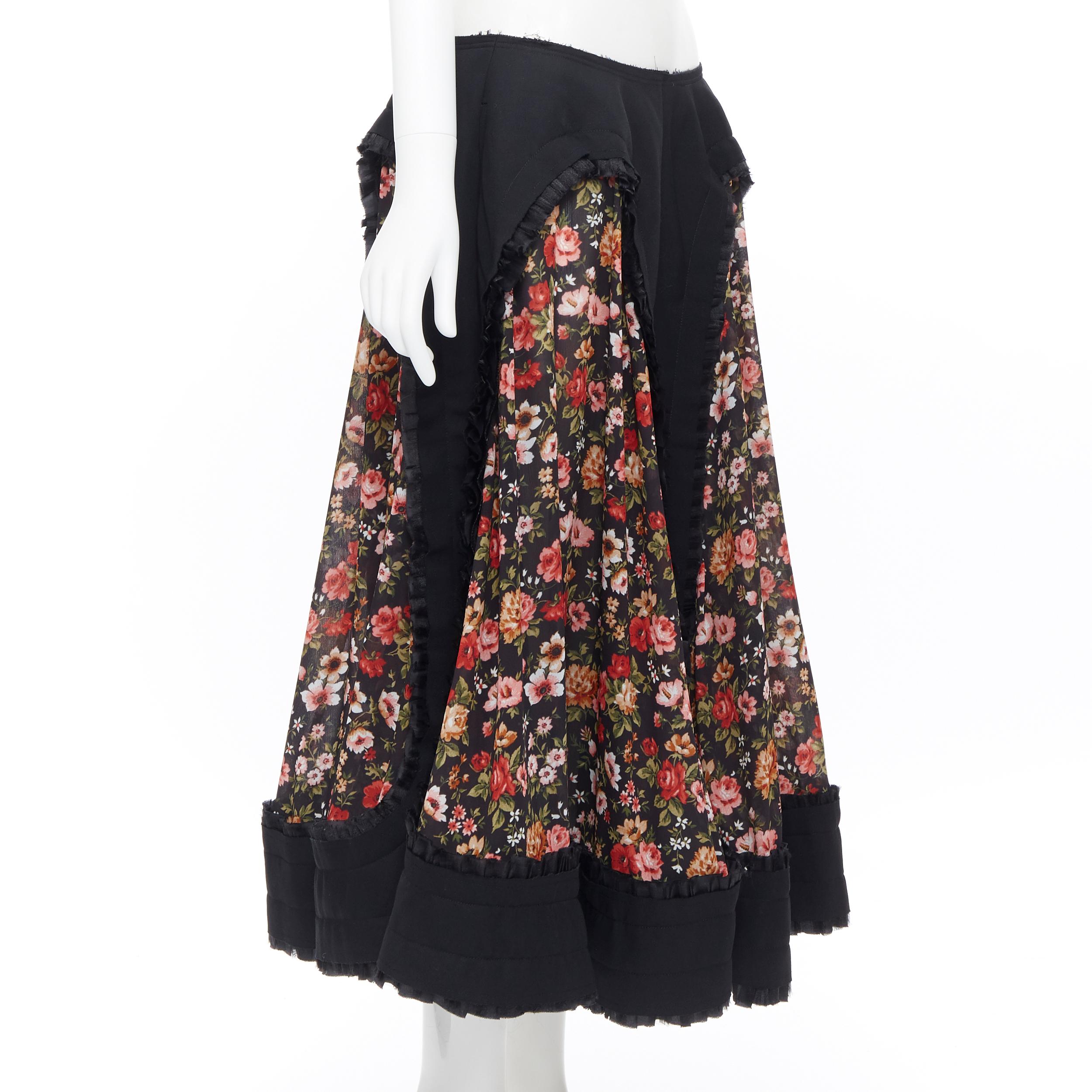 Black new COMME DES GARCONS AD2018 black vintage floral ruffle trimmed boho skirt L