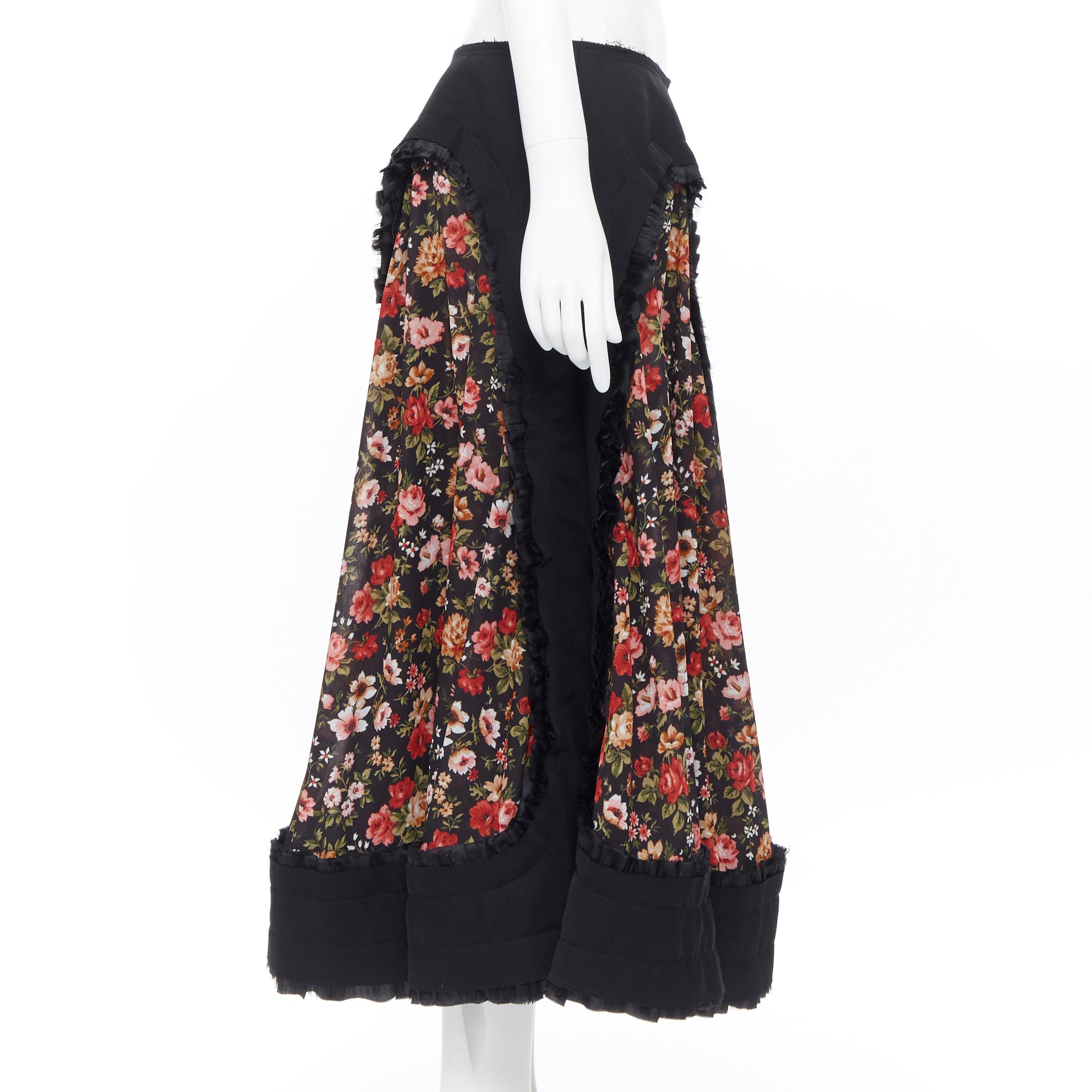 Women's new COMME DES GARCONS AD2018 black vintage floral ruffle trimmed boho skirt L