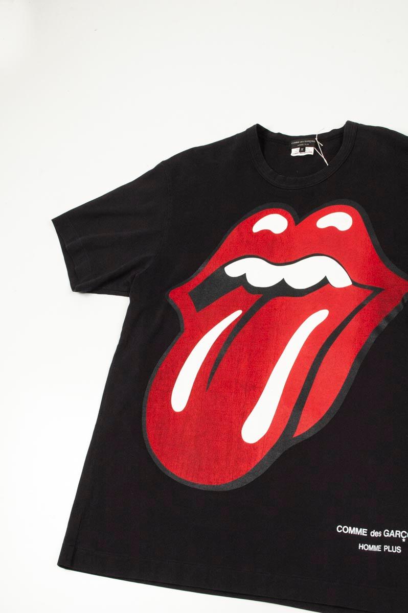 Black New Comme Des Garcons Homme Plus Rolling Stones Lips Print Men T-Shirt Size M For Sale