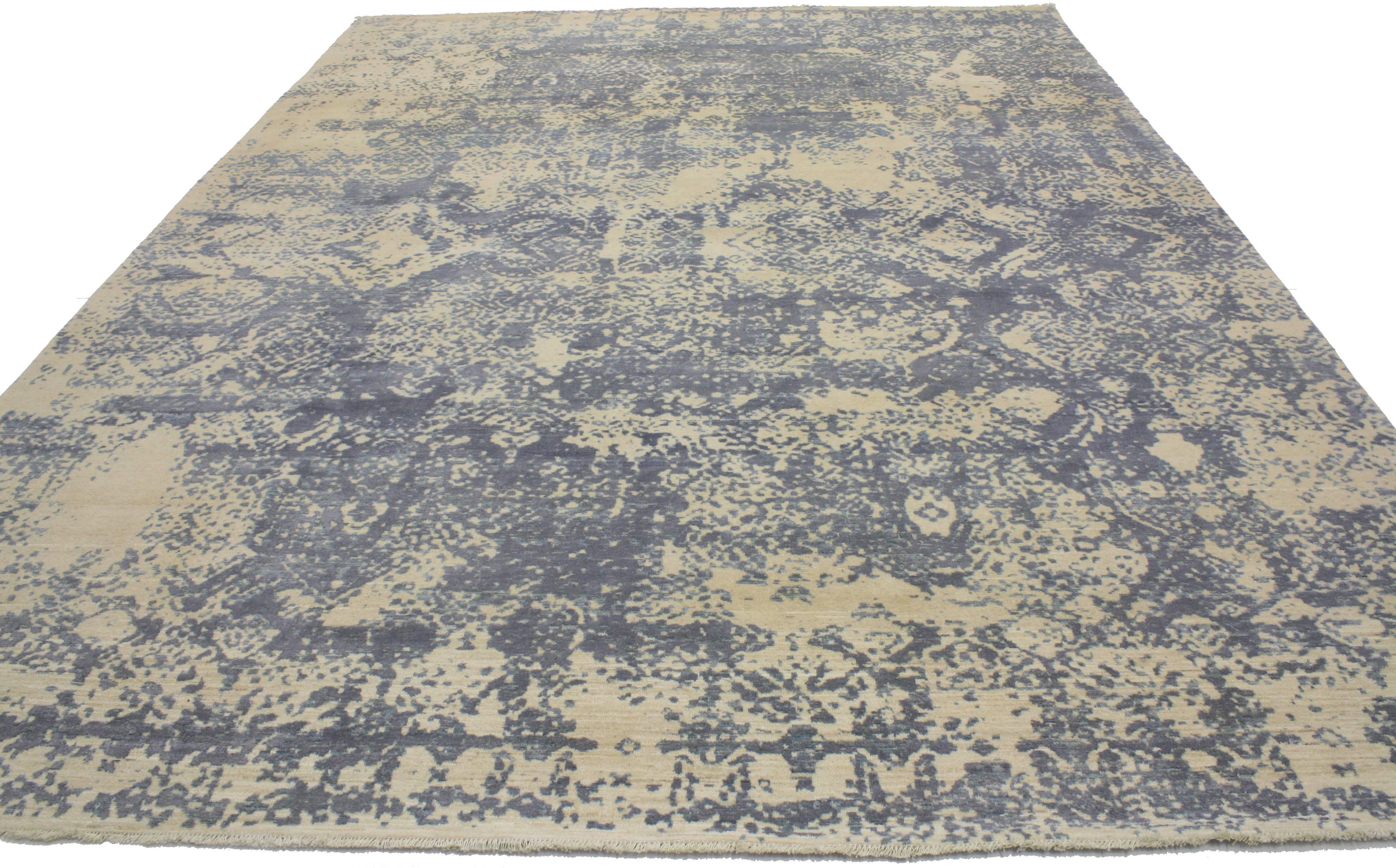 Wool New Contemporary Abstract Area Rug with Erased and Transitional Style For Sale