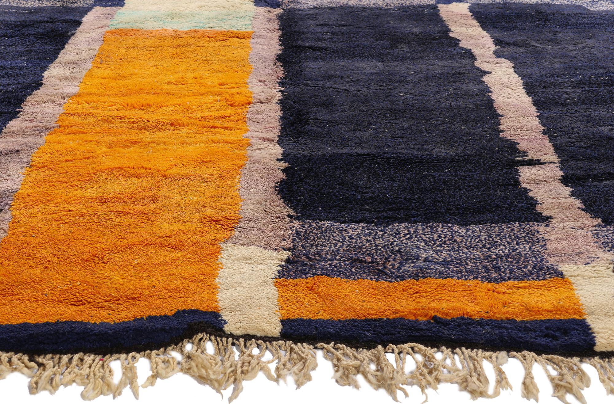 21641 New Modern Abstract Beni Mrirt Moroccan, 09'10 x 13'00. A study in architectural rhythm and chromatic transcendence, this hand-knotted wool Beni Mrirt Moroccan rug embodies a rare synthesis of Berber ancestral mastery and postwar modernist