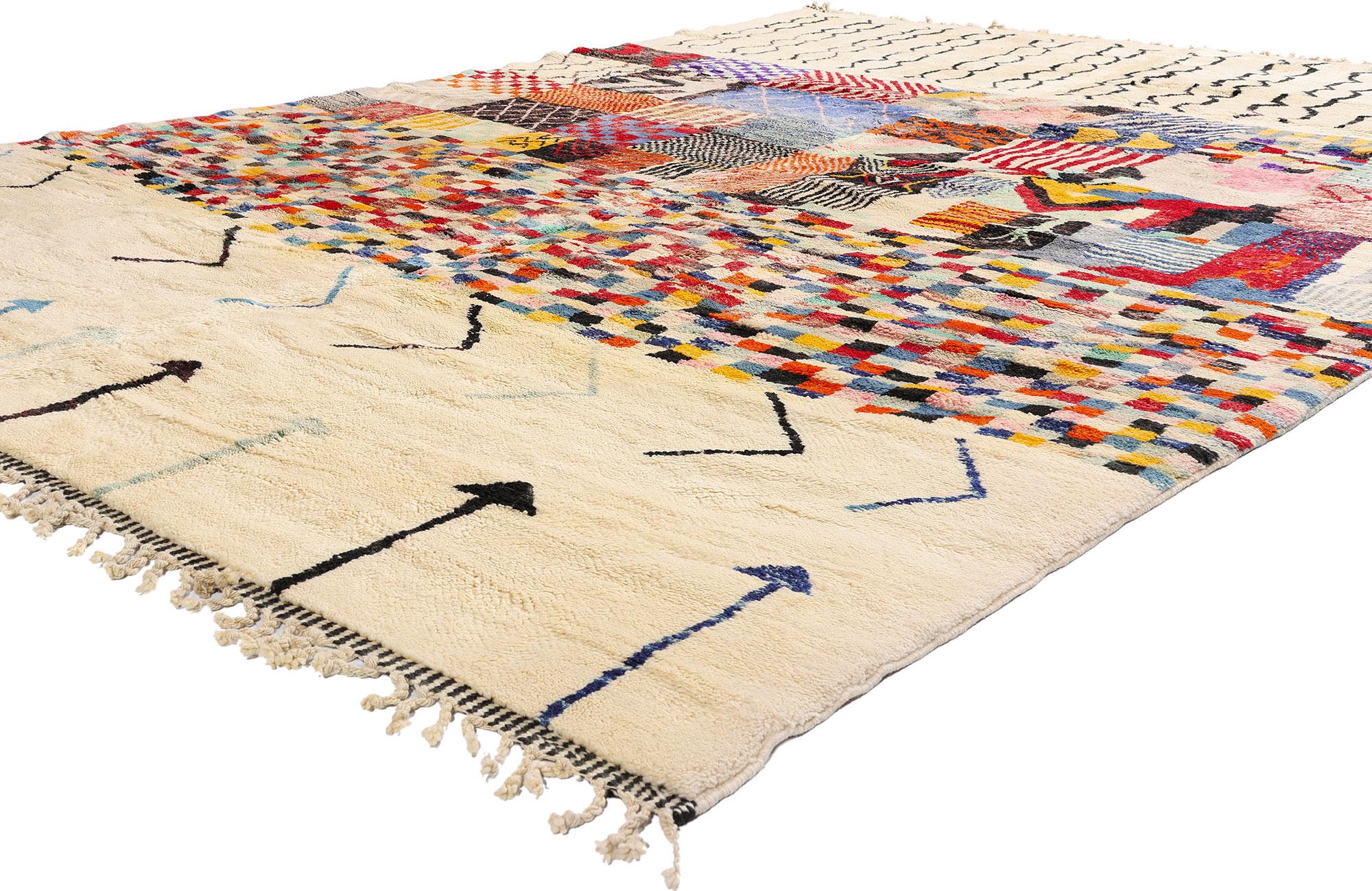 21180 New Modern Bauhaus Beni Mrirt Moroccan Rug, 09'05 x 12'07. A triumph of woven modernism and ancestral memory, this hand-knotted wool Bauhaus-inspired Beni Mrirt Moroccan rug is more than a floor covering—it is a living, breathing artifact of