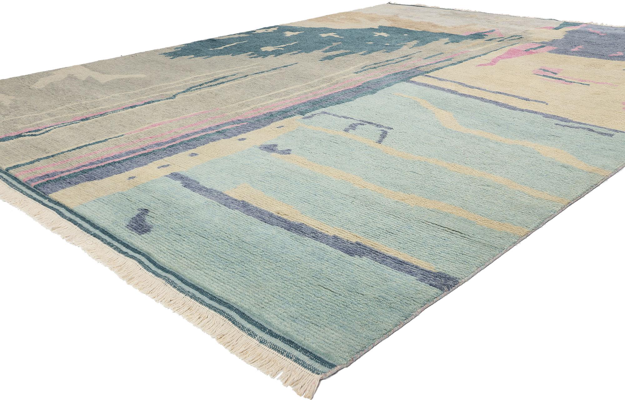 31280 Abstrakter Biophiler Marokkanischer Teppich, 09'00 x 12'02. Die indisch-marokkanischen Teppiche kombinieren nahtlos geometrische Formen, moderne abstrakte Designs und symbolische Motive, die für die marokkanische Teppichkunst charakteristisch