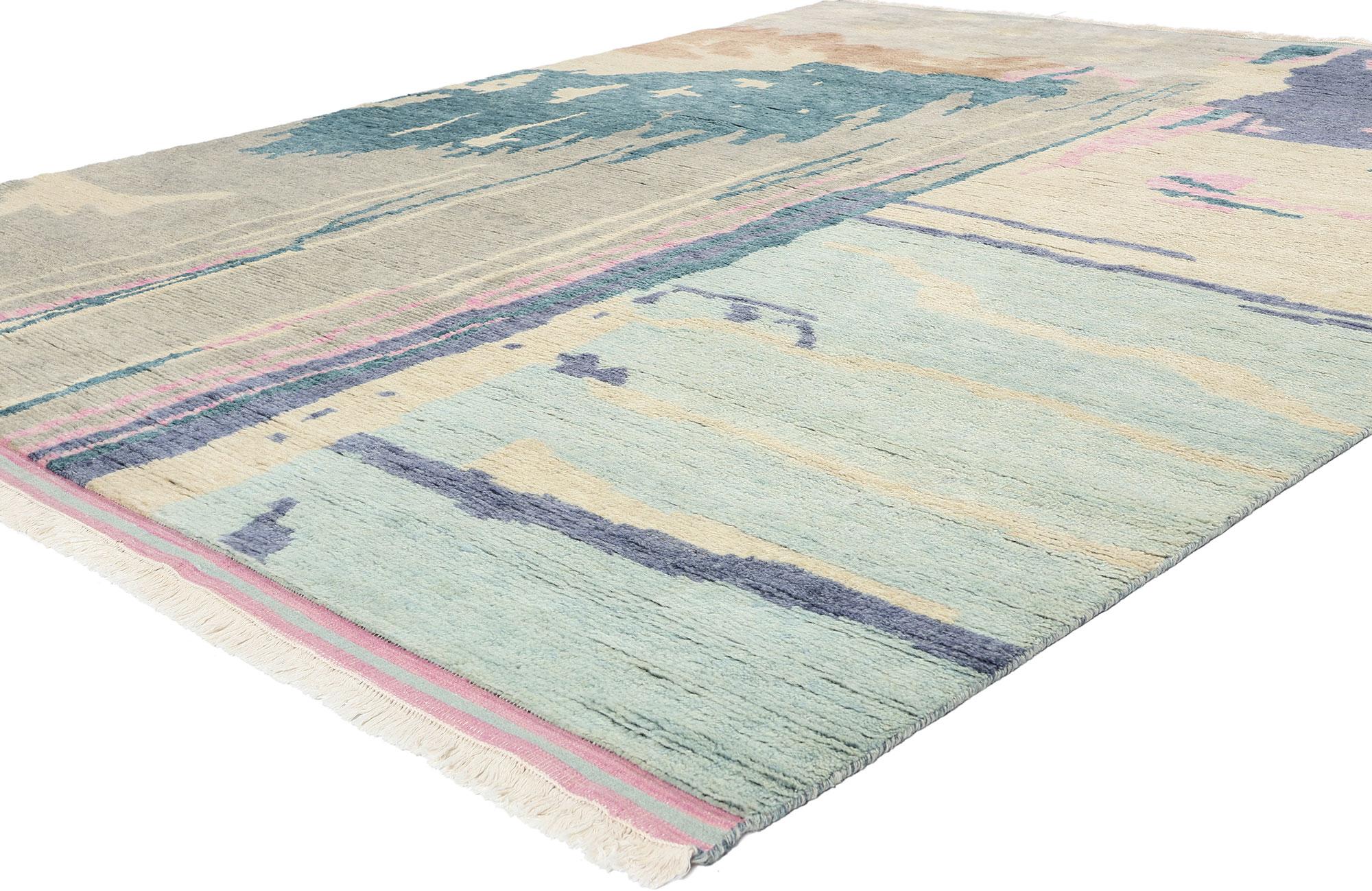 31228 Abstrakter Biophiler Marokkanischer Teppich, 08'08 x 10'00. Die indisch-marokkanischen Teppiche integrieren nahtlos geometrische Formen, moderne abstrakte Designs und symbolische Motive, die für die marokkanische Teppichkunst charakteristisch