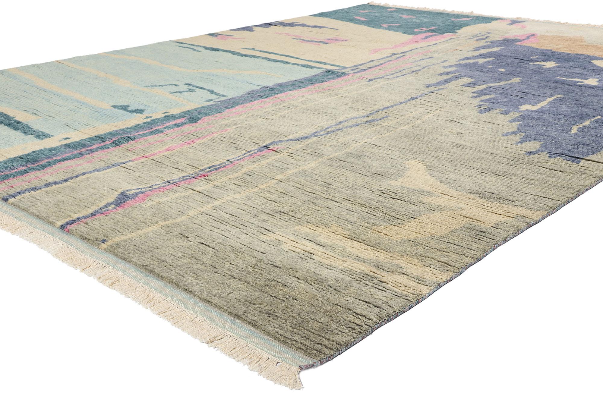 31249 Nueva Alfombra Etérea Abstracta Biofílica Marroquí, 09'01 x 11'08. Sumérgete en la cautivadora belleza de esta alfombra marroquí Ethereal Abstract Biophilic de lana anudada a mano, una impresionante pieza que fusiona los principios del Diseño