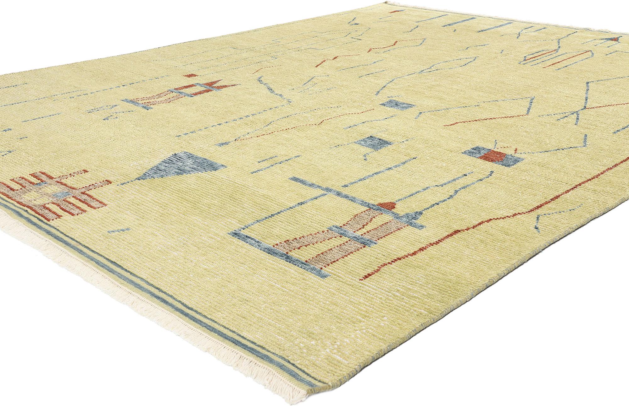 31223 Yellow Abstract Brutalist Moroccan Rug, 08'01 x 10'03. Indian Moroccan rugs seamlessly blend the geometric shapes, modern designs, and symbolic motifs characteristic of Moroccan rug artistry. Handcrafted in India from premium wool, these rugs