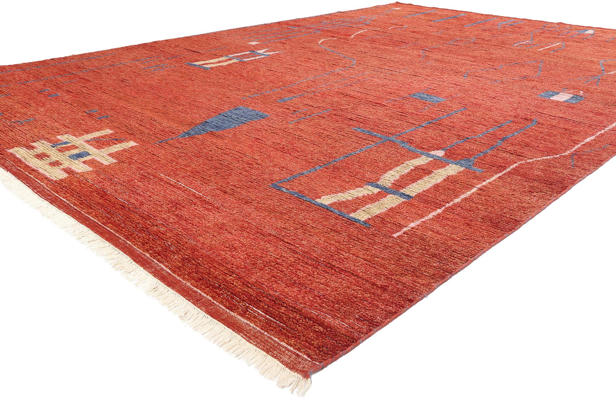 31279 Red Abstract Brutalist Moroccan Rug, 10'00 x 14'01. Indian Moroccan rugs effortlessly blend the geometric shapes, contemporary designs, and symbolic motifs characteristic of Moroccan rug craftsmanship. Handcrafted in India from top-quality