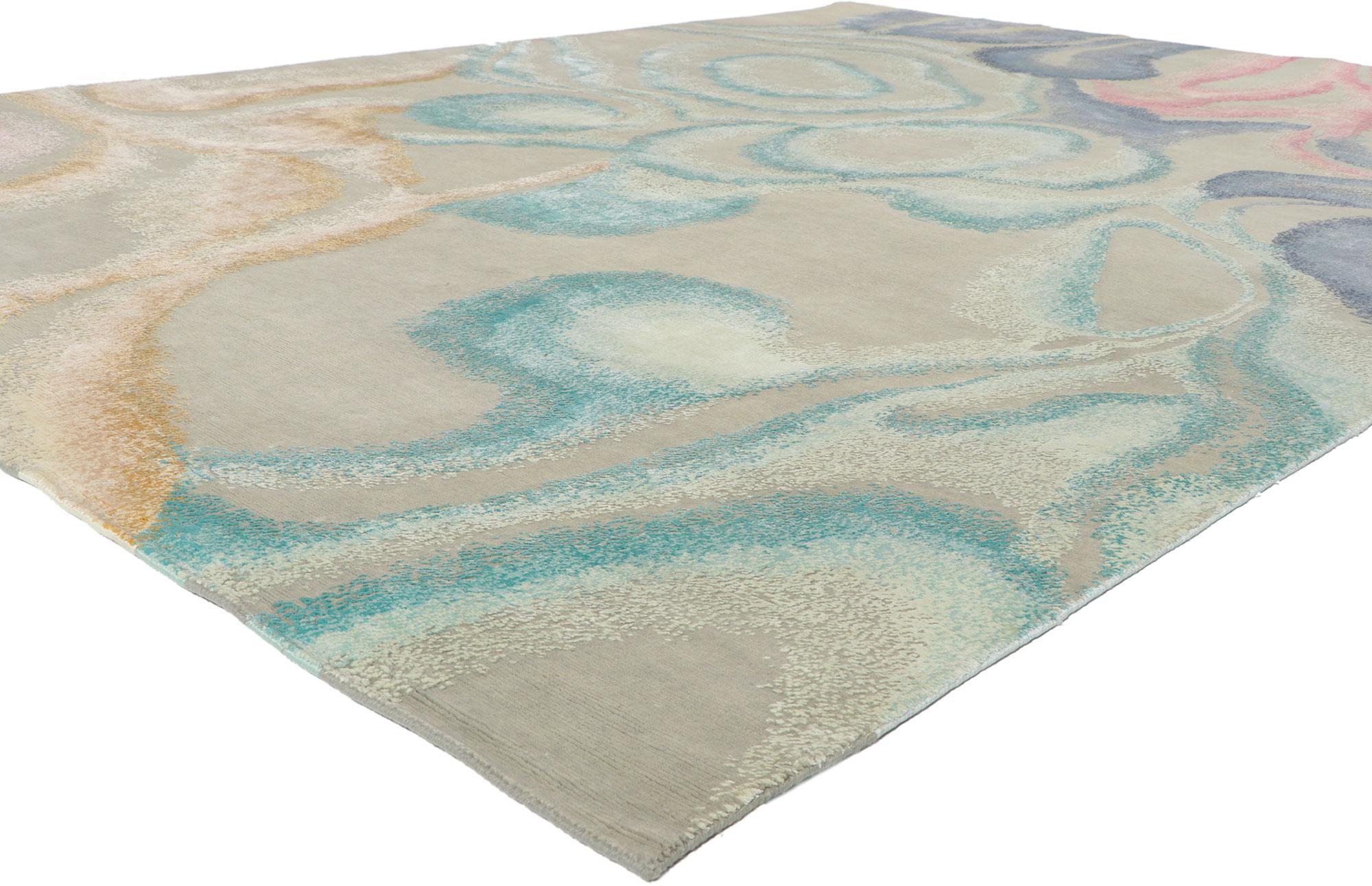 30866 New Contemporary Abstrakter Teppich inspiriert von Georgia O'Keeffe, 08'11 x 11'10. Dieser handgeknüpfte, strukturierte Teppich in modernem Stil und mit erhabenem Seidendesign mit unglaublichen Details und Textur ist eine fesselnde Vision