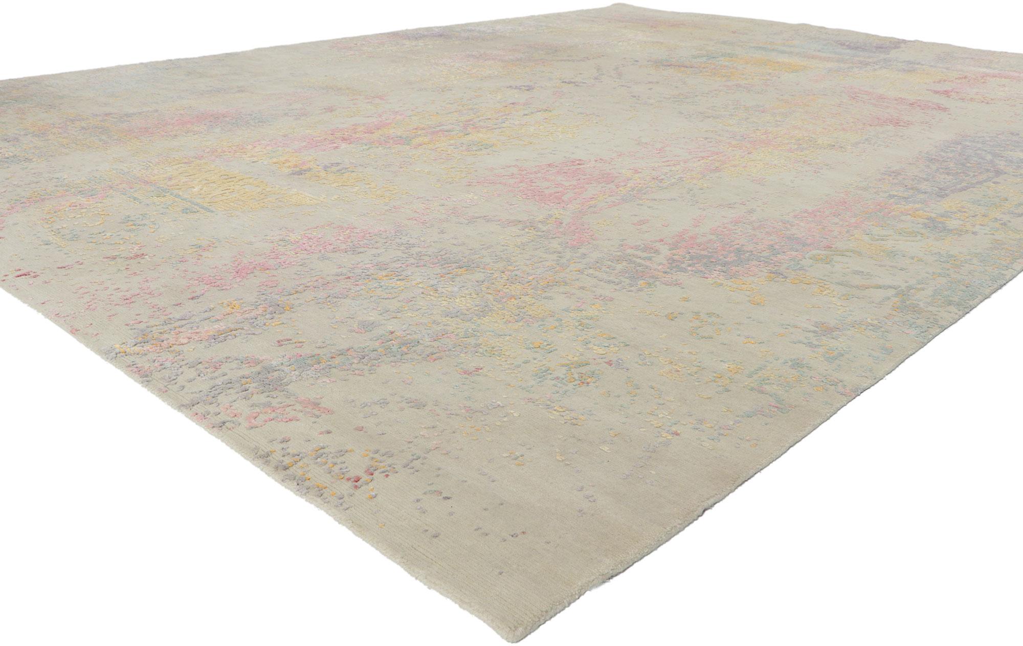 30872 New Contemporary Abstract rug inspired by Helen Frankenthaler, 09'01 x 11'11. Showcasing a modern style and raised silk design with incredible detail and texture, this hand knotted contemporary textured rug is a captivating vision of woven