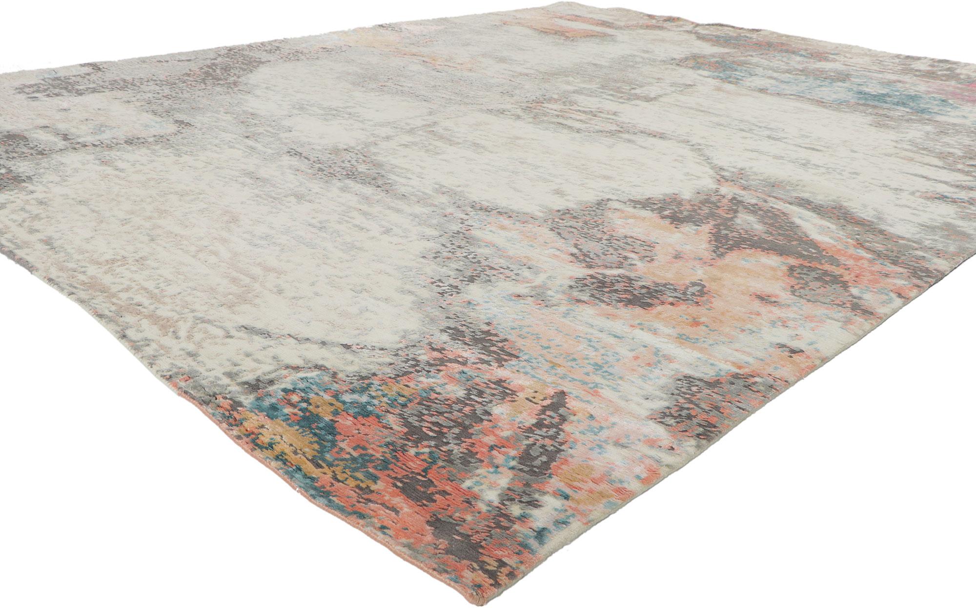 30864 New Contemporary Abstract Teppich inspiriert von Helen Frankenthaler, 08'00 x 09'09. Dieser handgeknüpfte zeitgenössische, strukturierte Teppich im modernen Stil und mit erhabenem Seidendesign mit unglaublichen Details und Textur ist eine