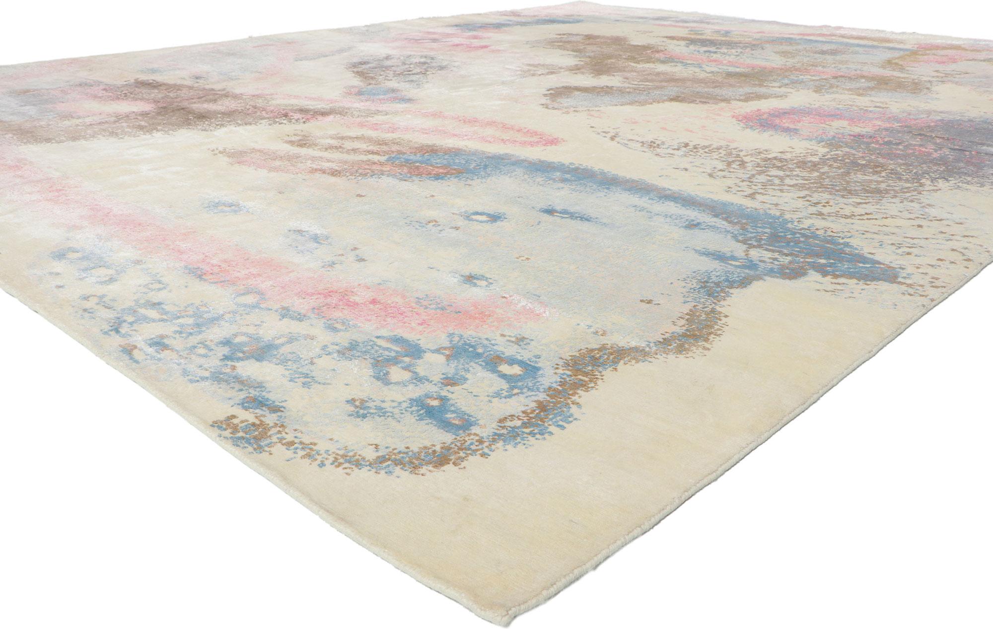 30790 neuer zeitgenössischer abstrakter Teppich, inspiriert von Helen Frankenthaler, 11'07 x 14'08. Dieser handgeknüpfte, moderne, strukturierte Teppich mit seinem modernen Stil und dem erhabenen Seidendesign mit unglaublichen Details und Texturen