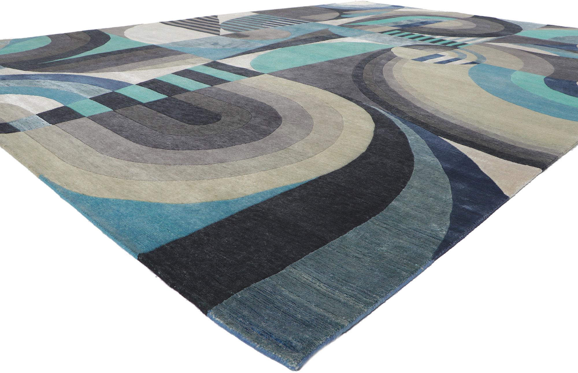 30883 New Contemporary Abstract Teppich mit Orphismus Stil inspiriert von Sonia Delaunay 10'00 x 14'00. Dieser handgeknüpfte Teppich aus Wolle, der von Robert und Sonia Delaunay inspiriert wurde, ist die perfekte Mischung aus abstrakter Kunst und