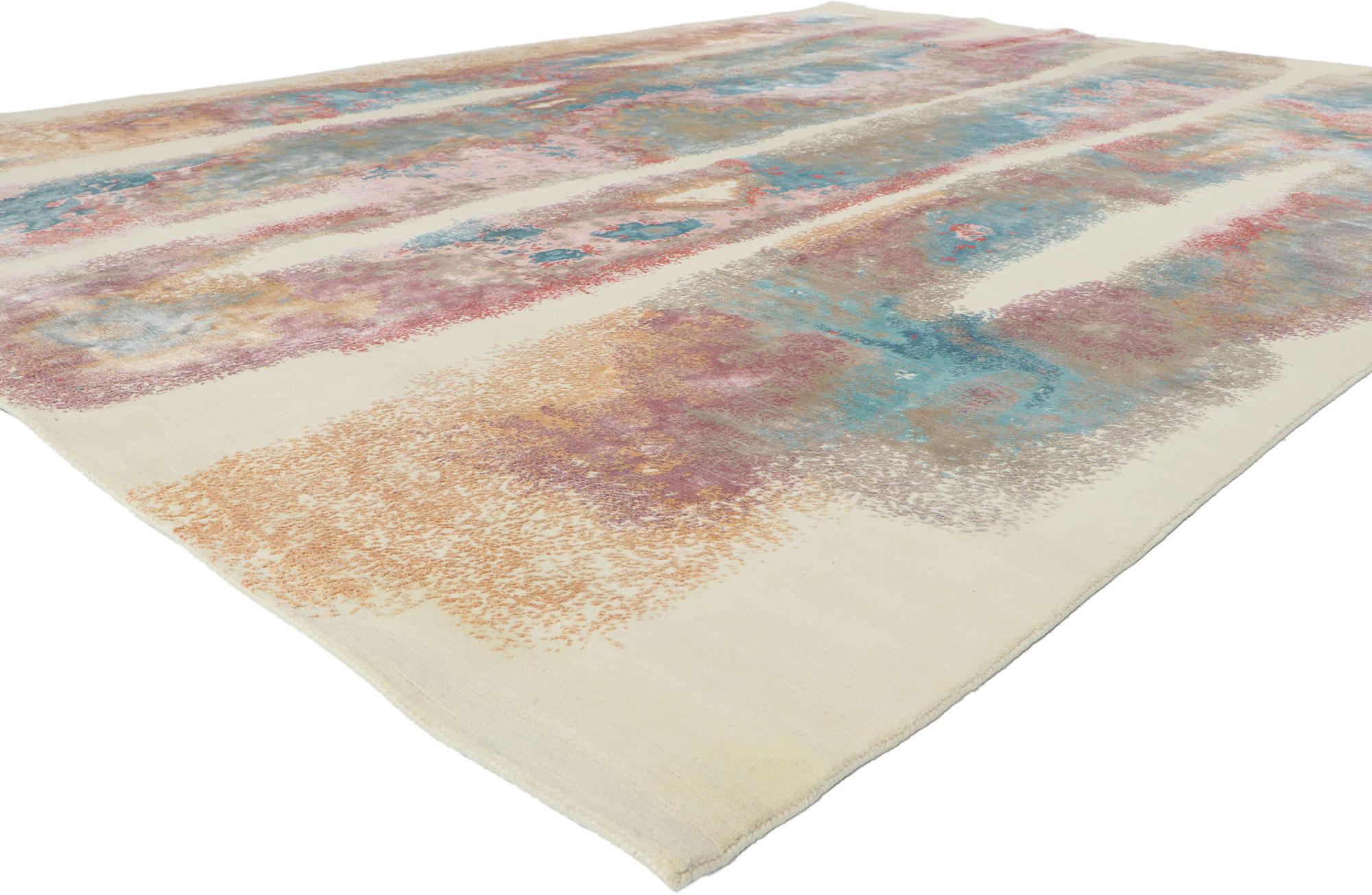 30867 New Contemporary Abstract Wool & Silk Rug, 08'11 x 12'01. Showcasing a modern style and raised silk design with incredible detail and texture, this hand knotted contemporary textured rug is a captivating vision of woven beauty. The