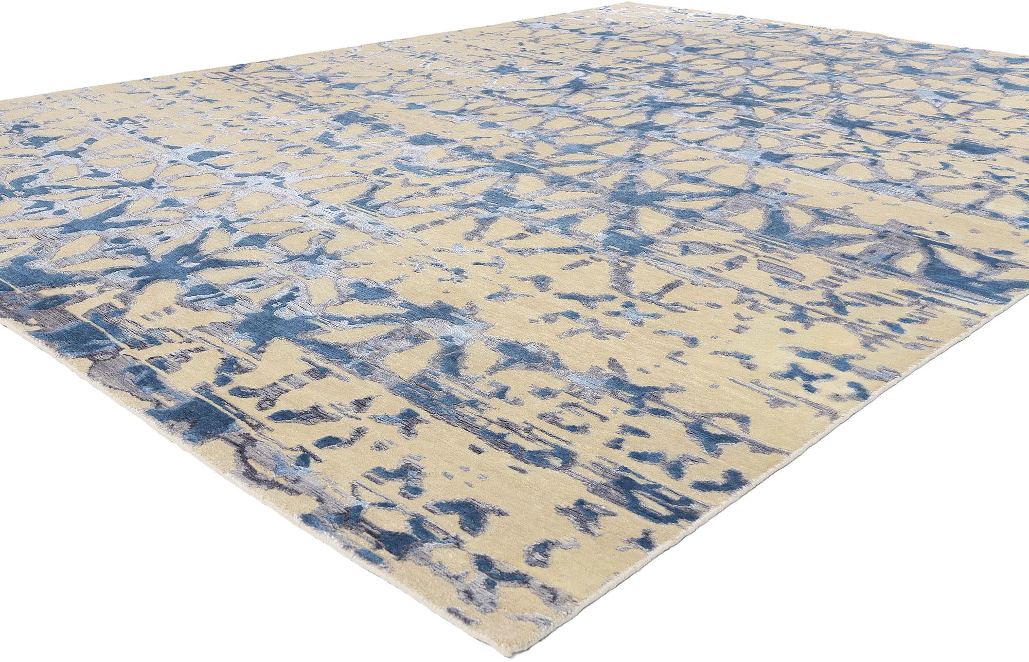 31046 Tapis abstrait contemporain en laine et soie, 09'00 x 12'01. Cet élégant tapis abstrait contemporain est un mélange parfait de design moderne et d'artisanat intemporel, noué à la main en Inde à partir de la laine et de la soie les plus fines.