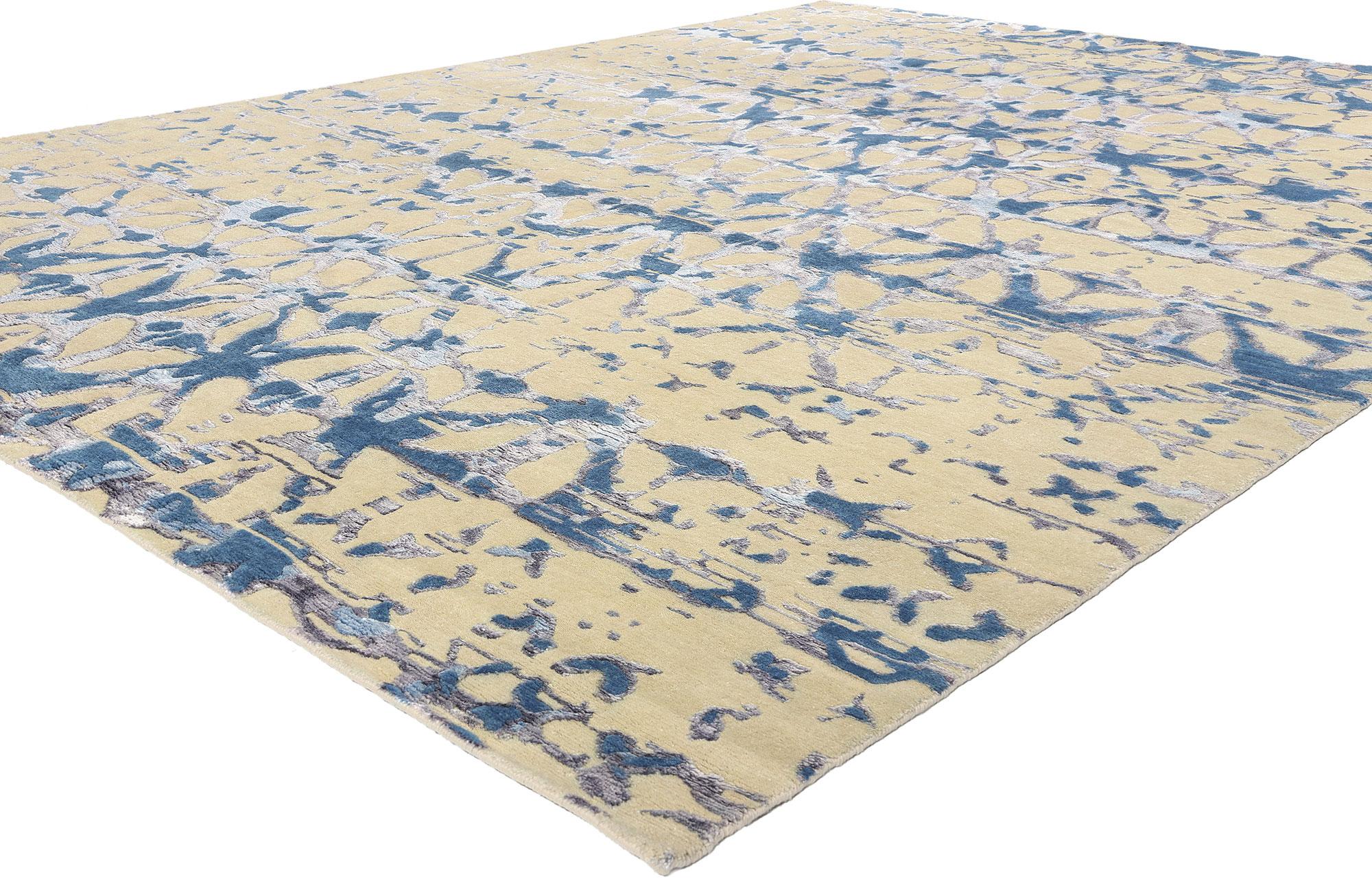 31011 Contemporary Abstract High-Low Wool and Silk Rug, 09'03 x 11'11. Dieser elegante, zeitgenössische, abstrakte Teppich ist eine reizvolle Mischung aus modernem Design und zeitloser Handwerkskunst. Er wird in Indien aus feinster Wolle und Seide