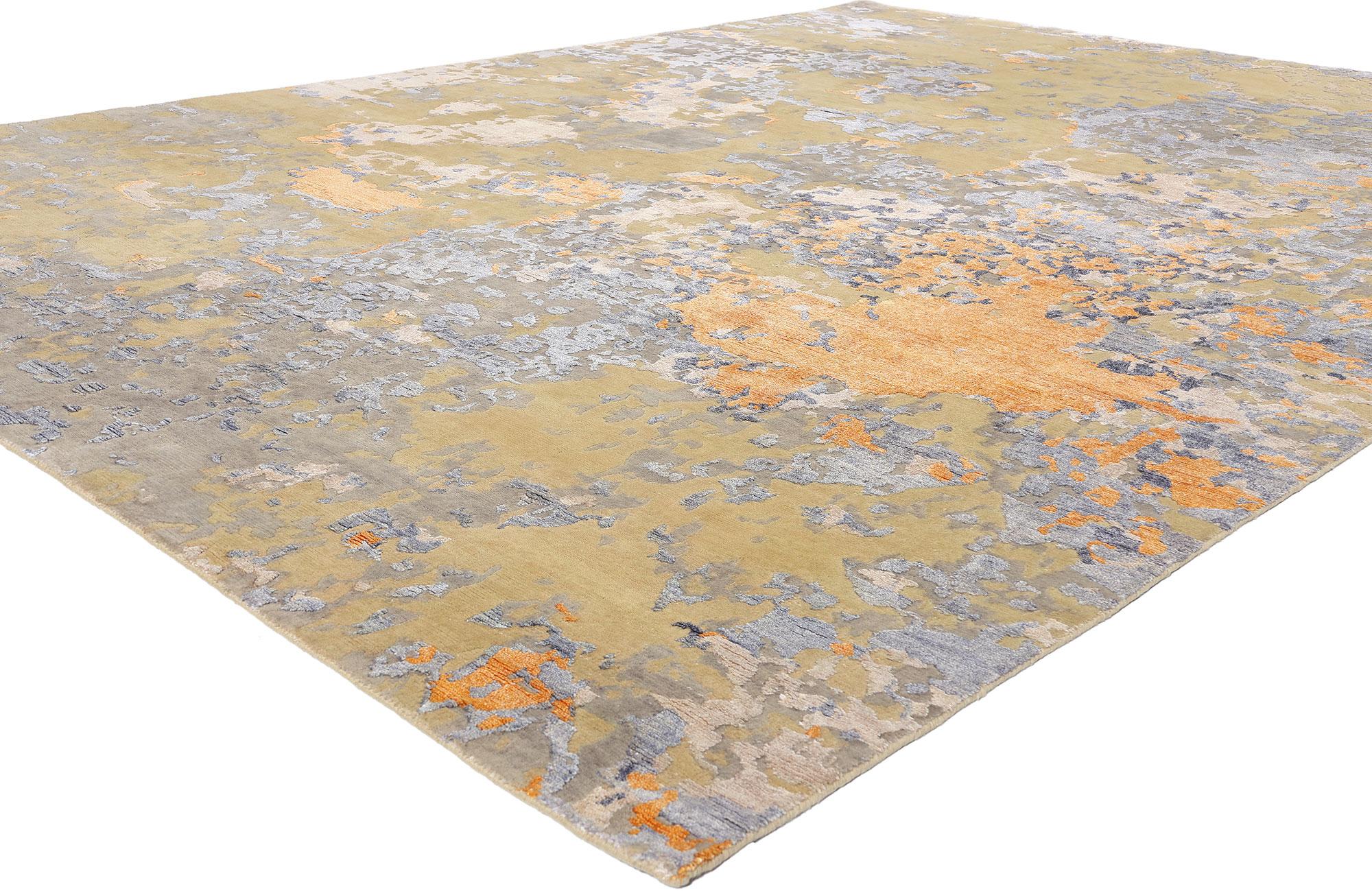 31047 Tapis de transition abstrait contemporain High-Low, 09'02 x 11'11. Entrez dans un monde d'élégance enchanteresse avec ce tapis contemporain abstrait high-low en laine et soie noué à la main. La Nature séduit par son mélange magistral de