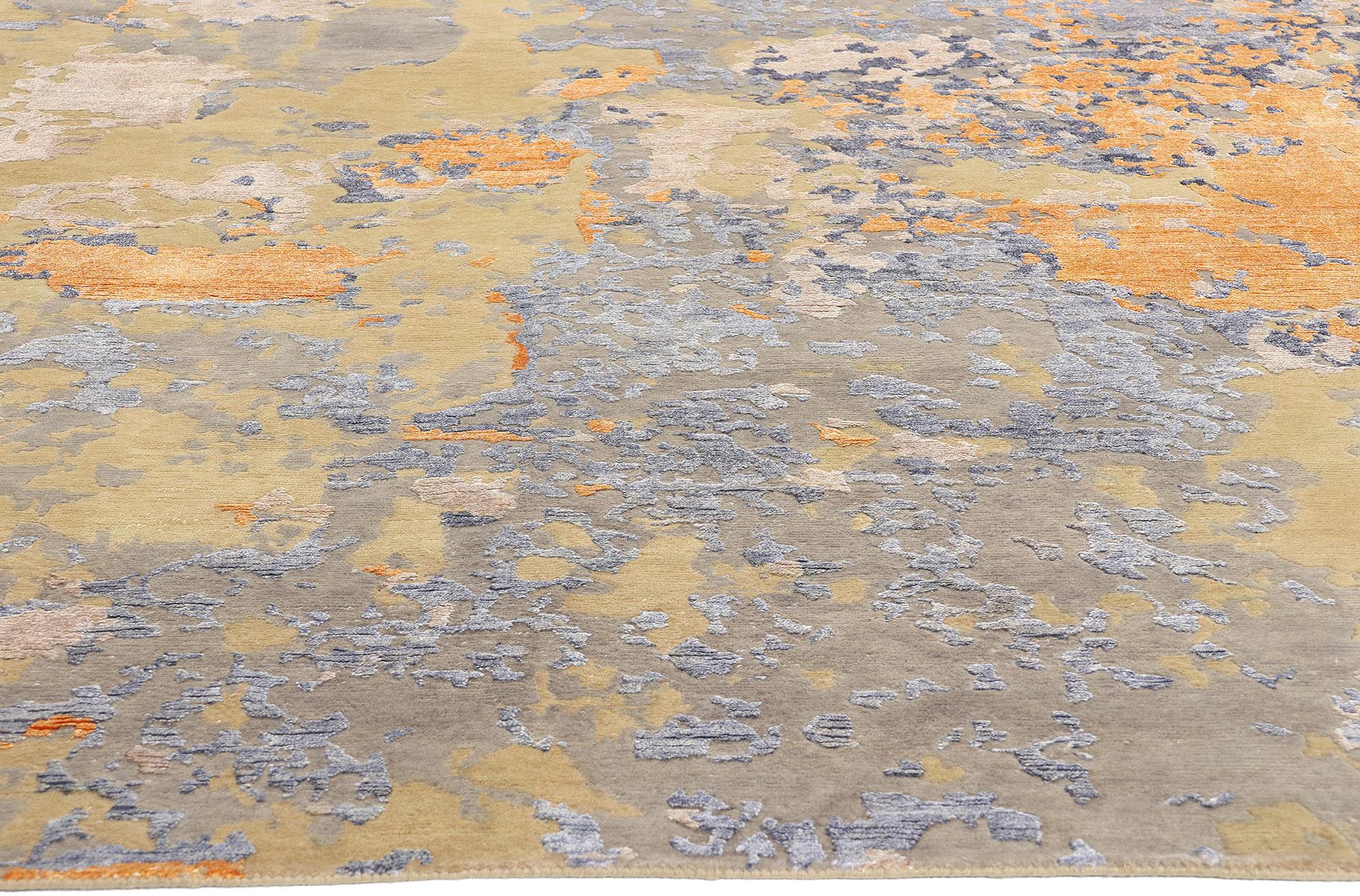 Indien New Contemporary Abstract Wool & Silk Textured Carpet with Transitional Style (Tapis abstrait en laine et soie de style transitionnel) en vente