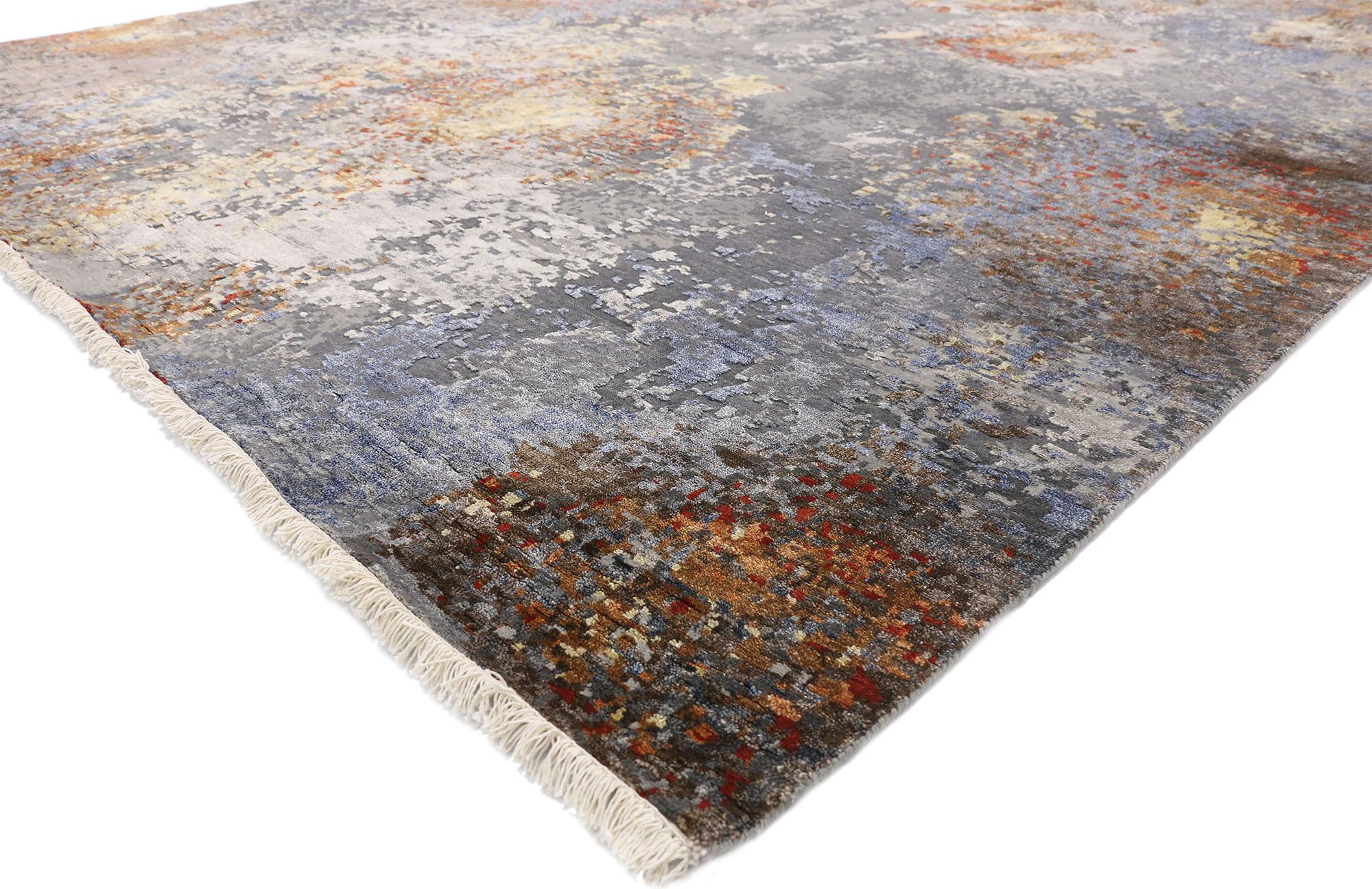 30424 New ​Abstract Expressionist Contemporary Area Rug with Grunge Art Style and Inspired by Willem de Kooning 08'00 x 09'10. This hand knotted wool and silk contemporary rug with abstract expressionist Grunge Art style is the epitome of relaxed