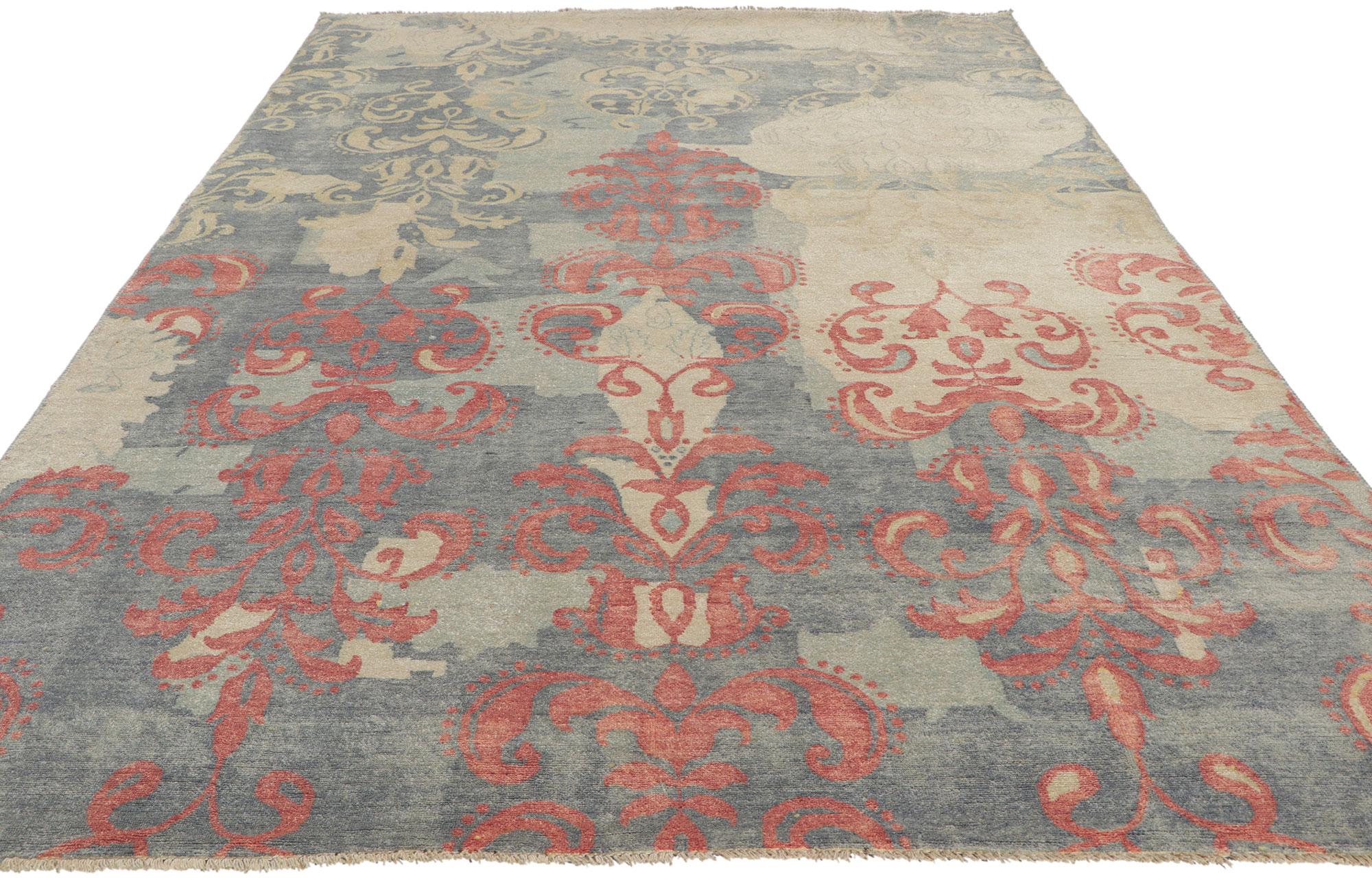Pakistani New Contemporary Area Rug with Modern Damask Pattern For Sale