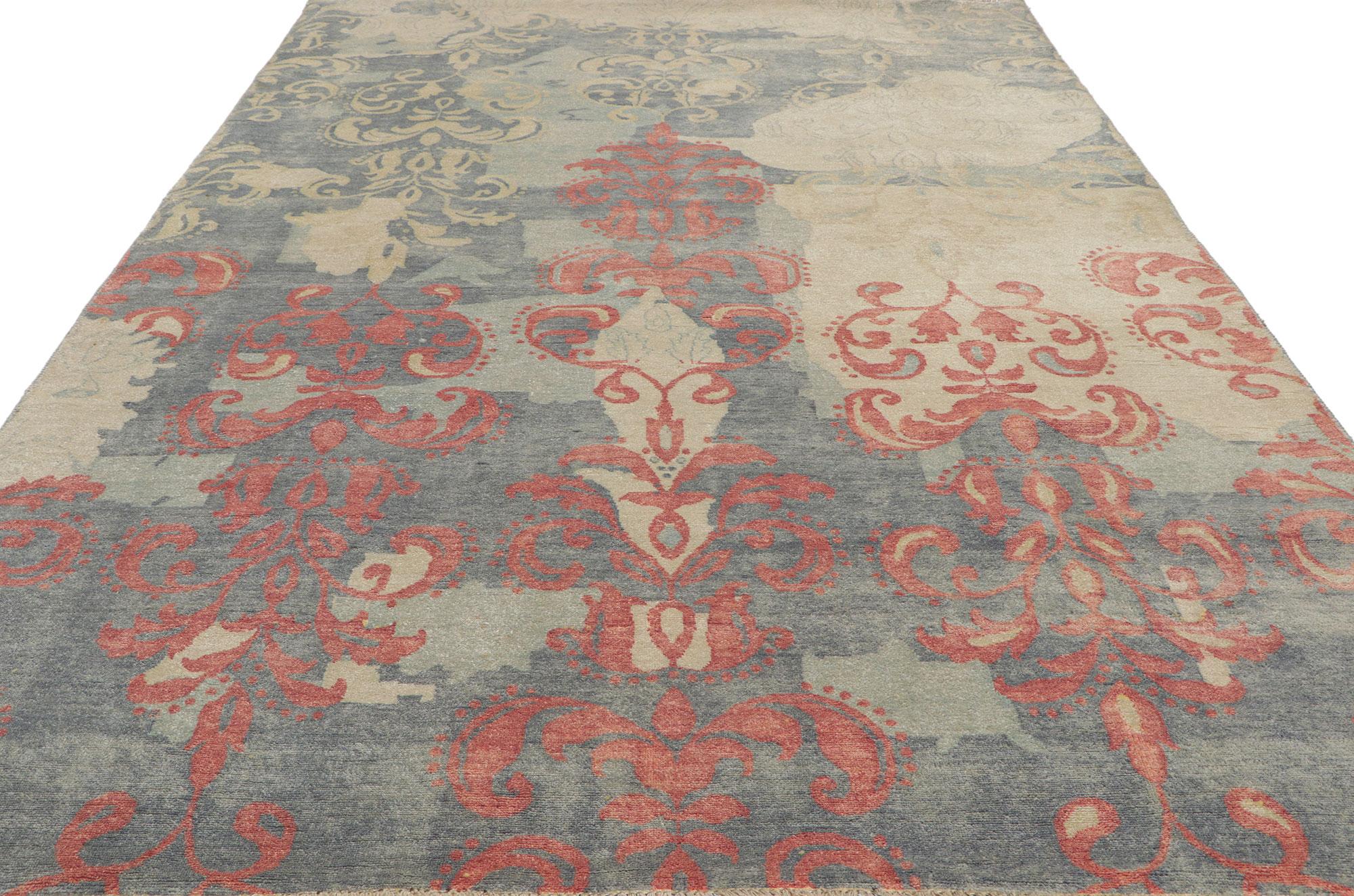 Hand-Knotted New Contemporary Area Rug with Modern Damask Pattern For Sale