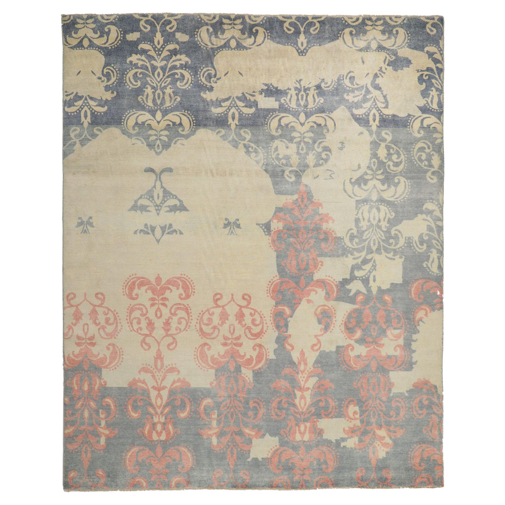 Nueva alfombra contemporánea con estampado de damasco moderno