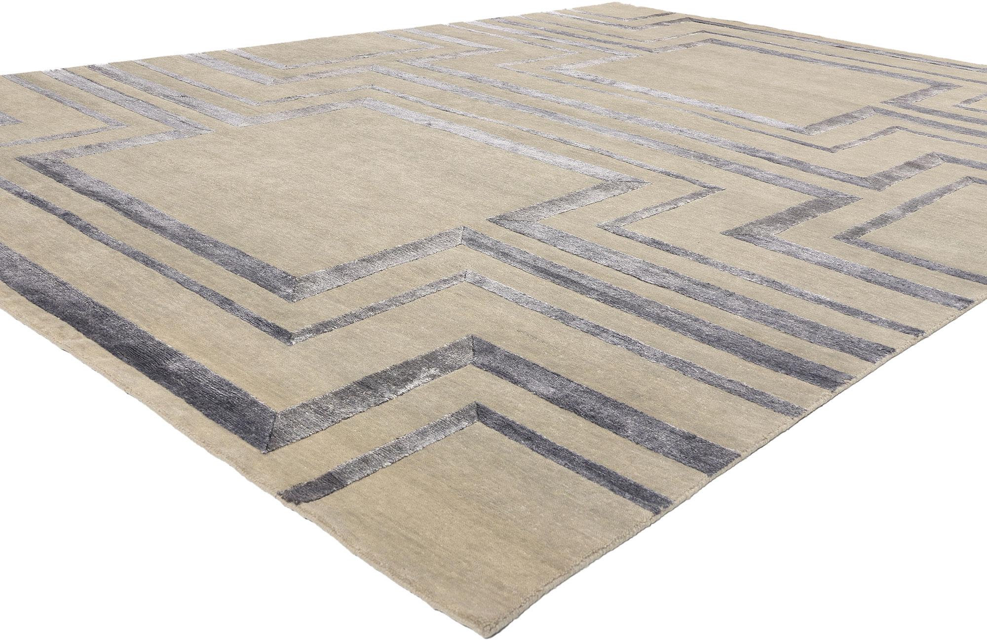 31008 New Contemporary Art Deco High-Low Wool and Silk Rug, 09'00 x 12'04. This exquisite Contemporary Art Deco rug seamlessly blends modern design with timeless craftsmanship, hand-knotted in India from the finest wool and silk. The rug features a