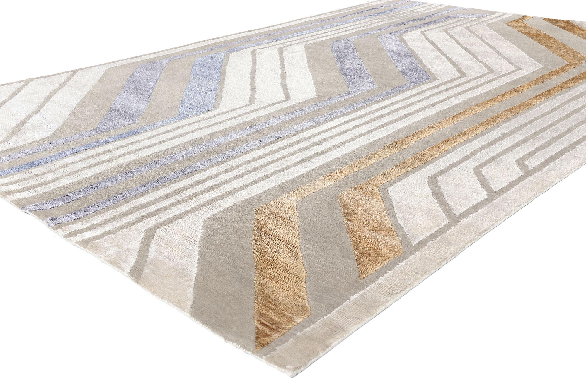 31042 Contemporary Art Deco Rug, 06'08 x 10'00. This stunning contemporary Art Deco rug showcases a masterful blend of linear geometric art forms, rendered in a sophisticated palette of variegated shades of gray, beige, brown, and blue. Each hue