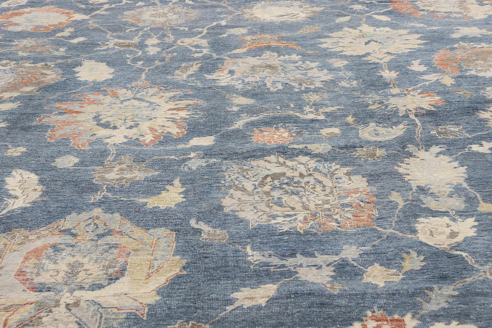 Annodato a mano Un nuovo tappeto moderno in Oushak azzurro con stile tradizionale in vendita