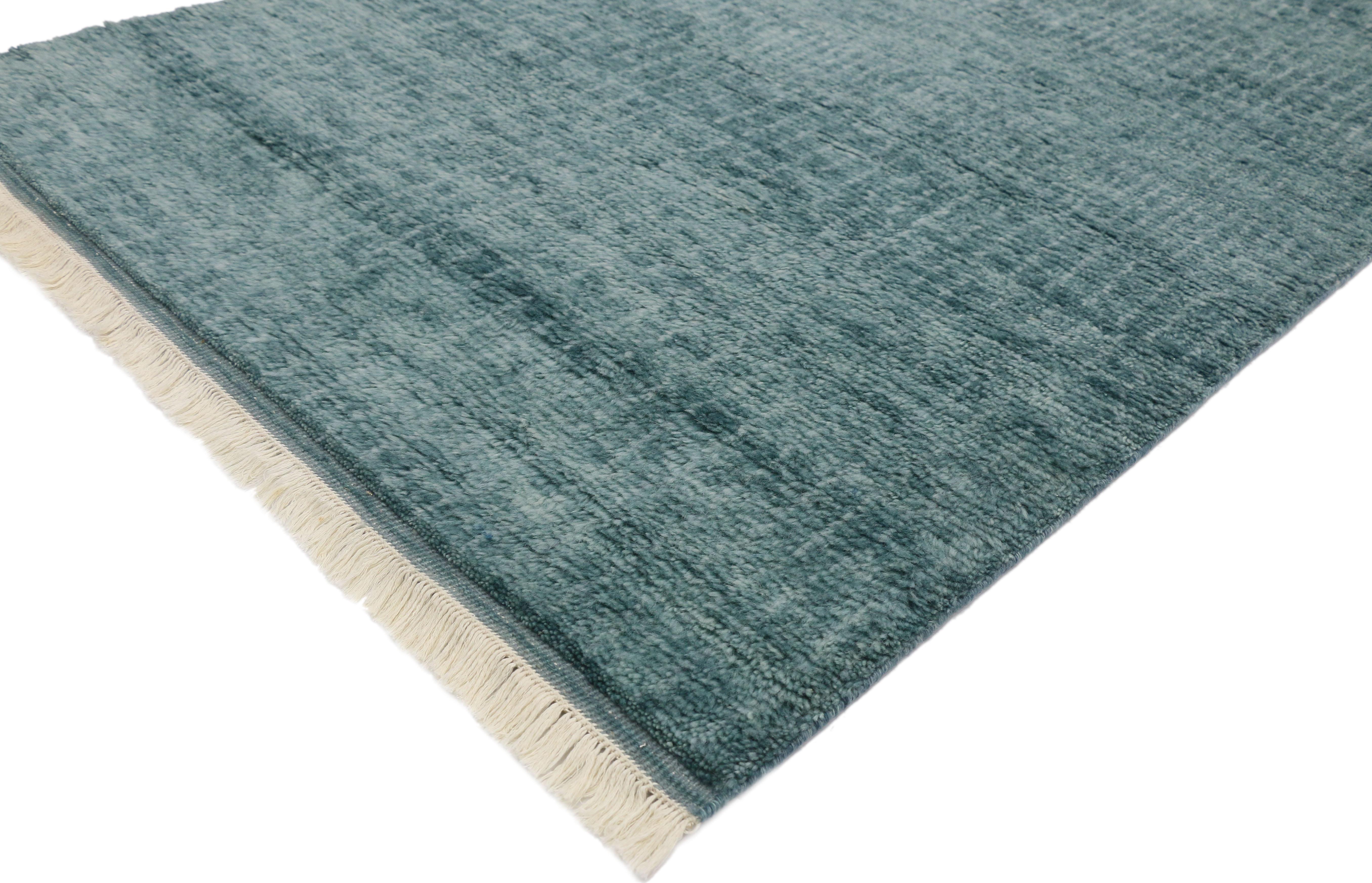 30491, new contemporary Beach Hygge Moroccan rug with modern Cape Cod style. Cozy contemporary meets Beach Hygge style while providing relaxation and a vision of aesthetic perfection. The subtle abstract design combined with the teal hues create a