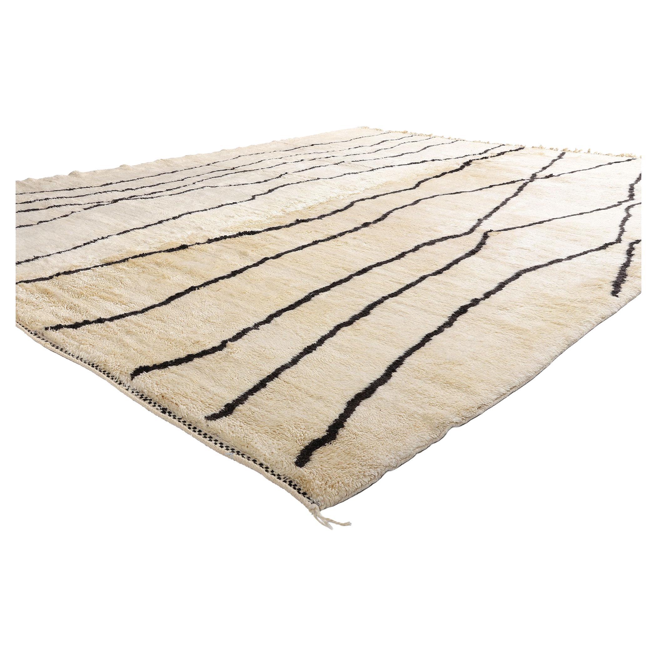 21123 New Organic Modern Beni Mrirt Moroccan Rug, 11'00 x 13'02. A rare expression of serene minimalism and ancestral spirit, this hand-knotted wool Beni Mrirt rug is an organic modern masterpiece, echoing the soul of Morocco's High Atlas Mountains.