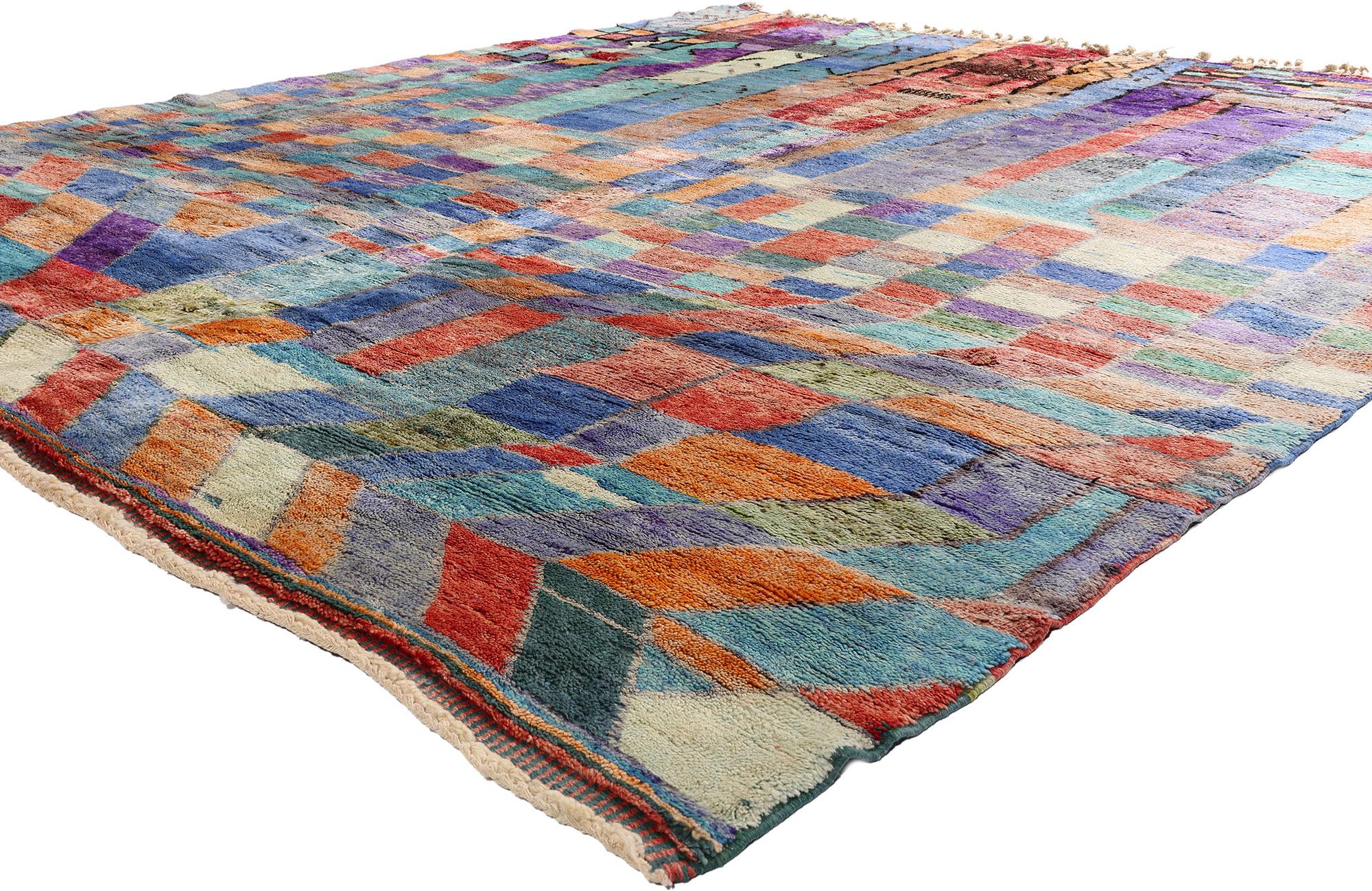 21171 Rare Modern Beni Mrirt Moroccan Rug with Cubist Style, 10'01 x 12'03. Immerse yourself in a world where color, texture, and geometry coalesce into a singular artistic vision—this hand-knotted wool Beni Mrirt Moroccan rug is not simply a