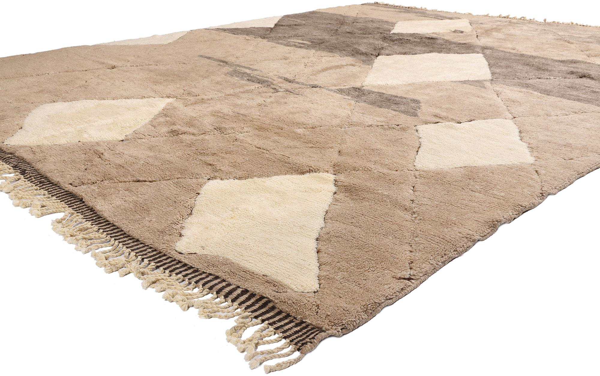 21161 Rare Organic Modern Beni Mrirt Moroccan Rug, 10'08 x 12'10. This one-of-a-kind, hand-knotted wool modern Beni Mrirt Moroccan rug is a sublime expression of understated luxury—a seamless blend of ancestral symbolism and contemporary refinement.