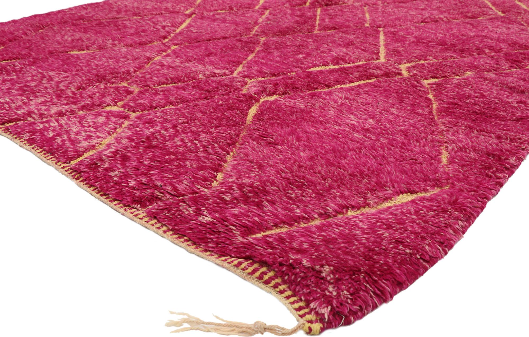 21046 New Contemporary Berber Magenta Moroccan rug with Abstract Expressionist style. This hand knotted wool contemporary Berber Moroccan area rug features an all-over diamond lattice pattern spread across an abrashed magenta field. The stark